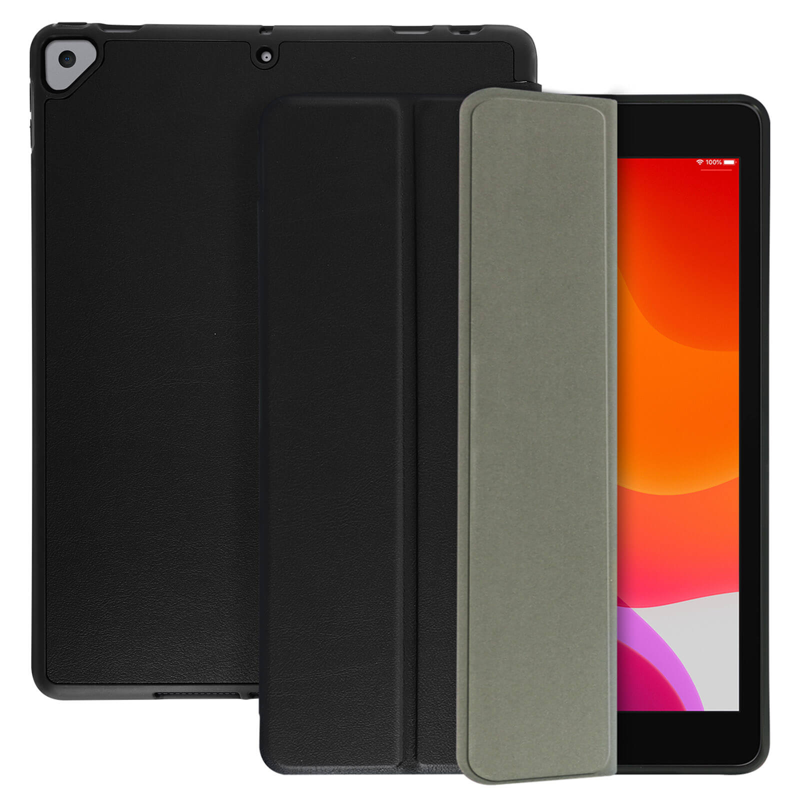 Custodia per tablet con tablet. Tablet in mostra, custodia aperta.