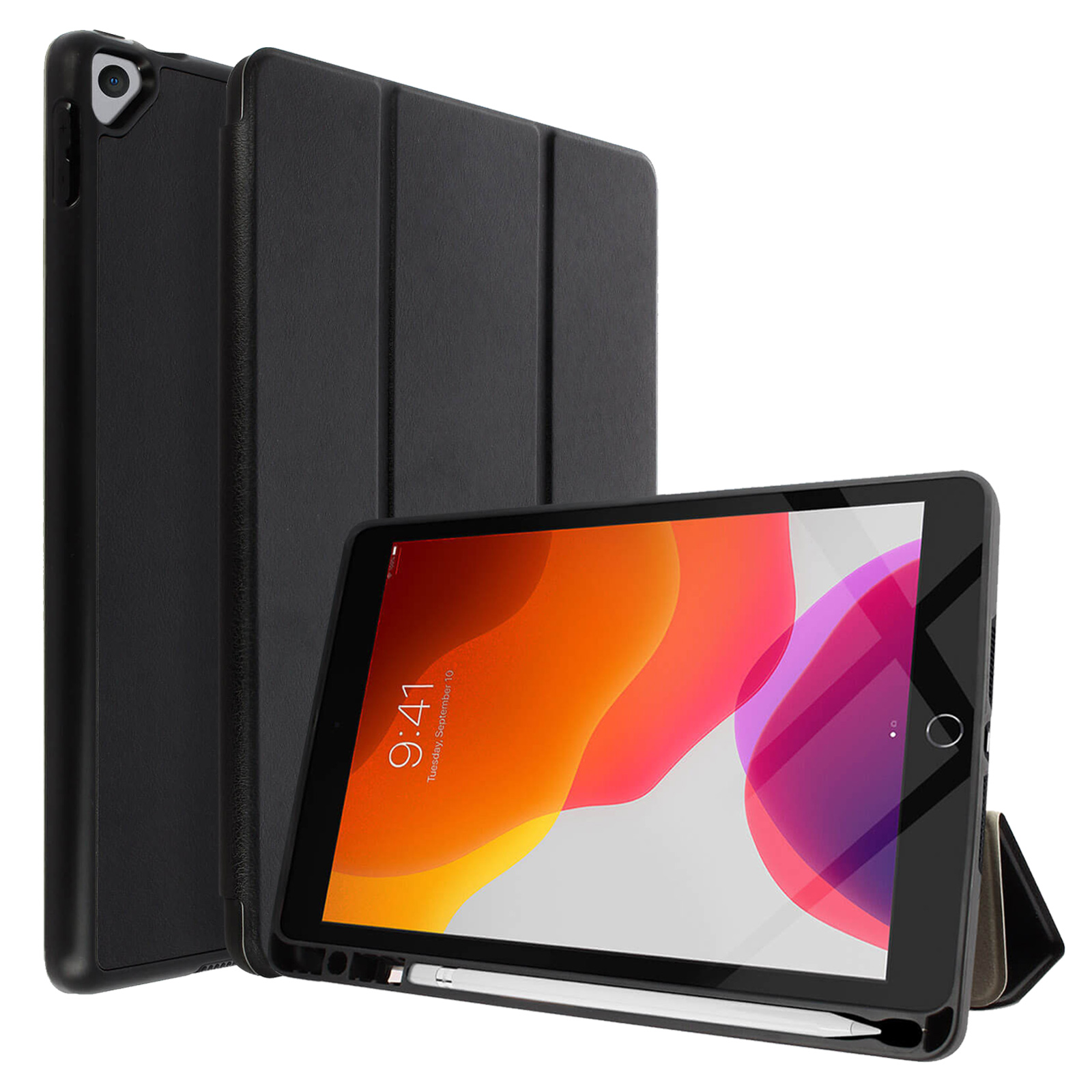 Un iPad in una custodia nera, appoggiato. Un'altra custodia è dietro.