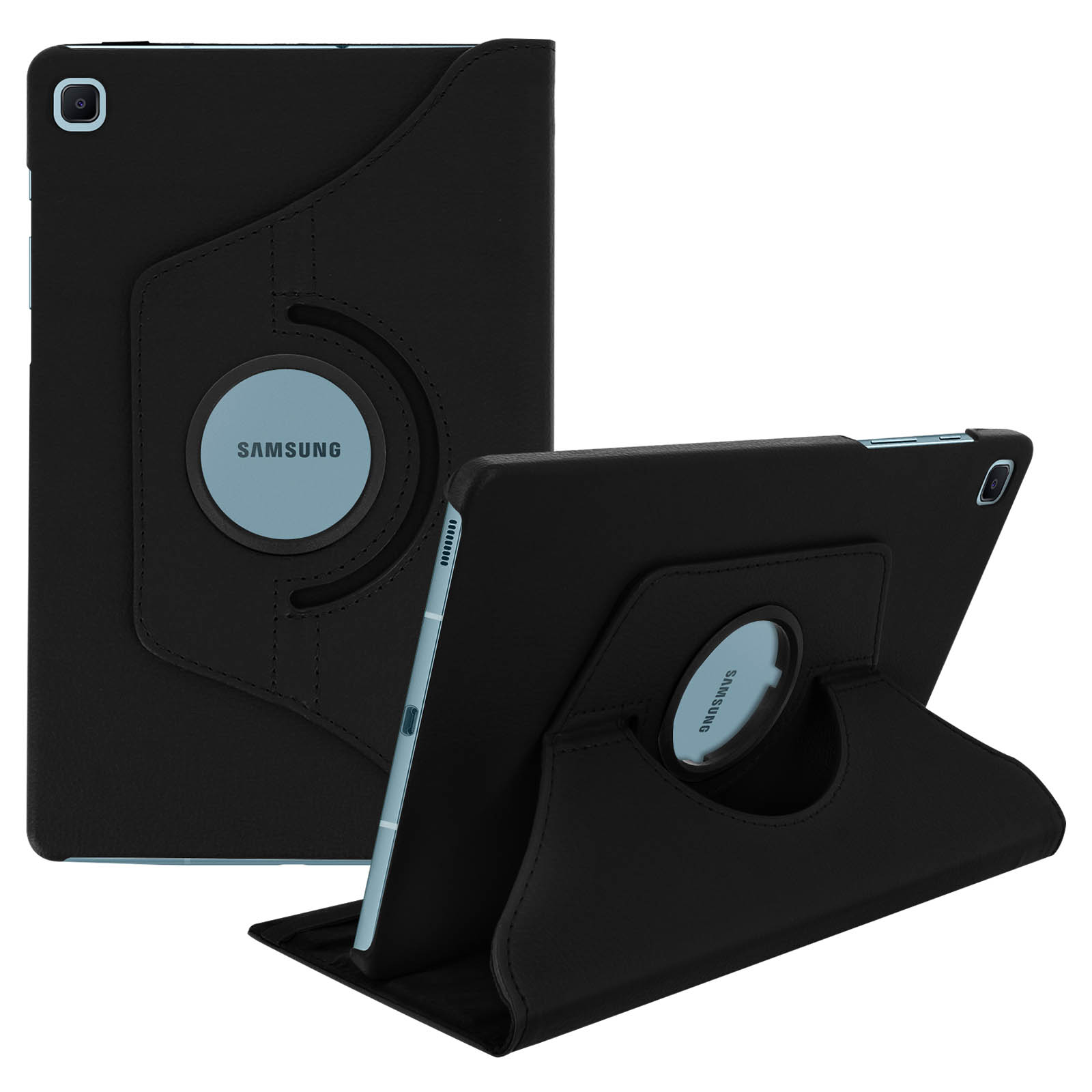 Custodia per tablet nera con supporto girevole. Il logo Samsung è visibile. Il tablet è nero.
