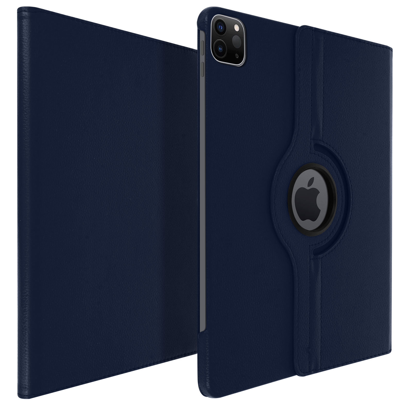 Custodia per tablet blu scuro, con logo Apple e fotocamera.