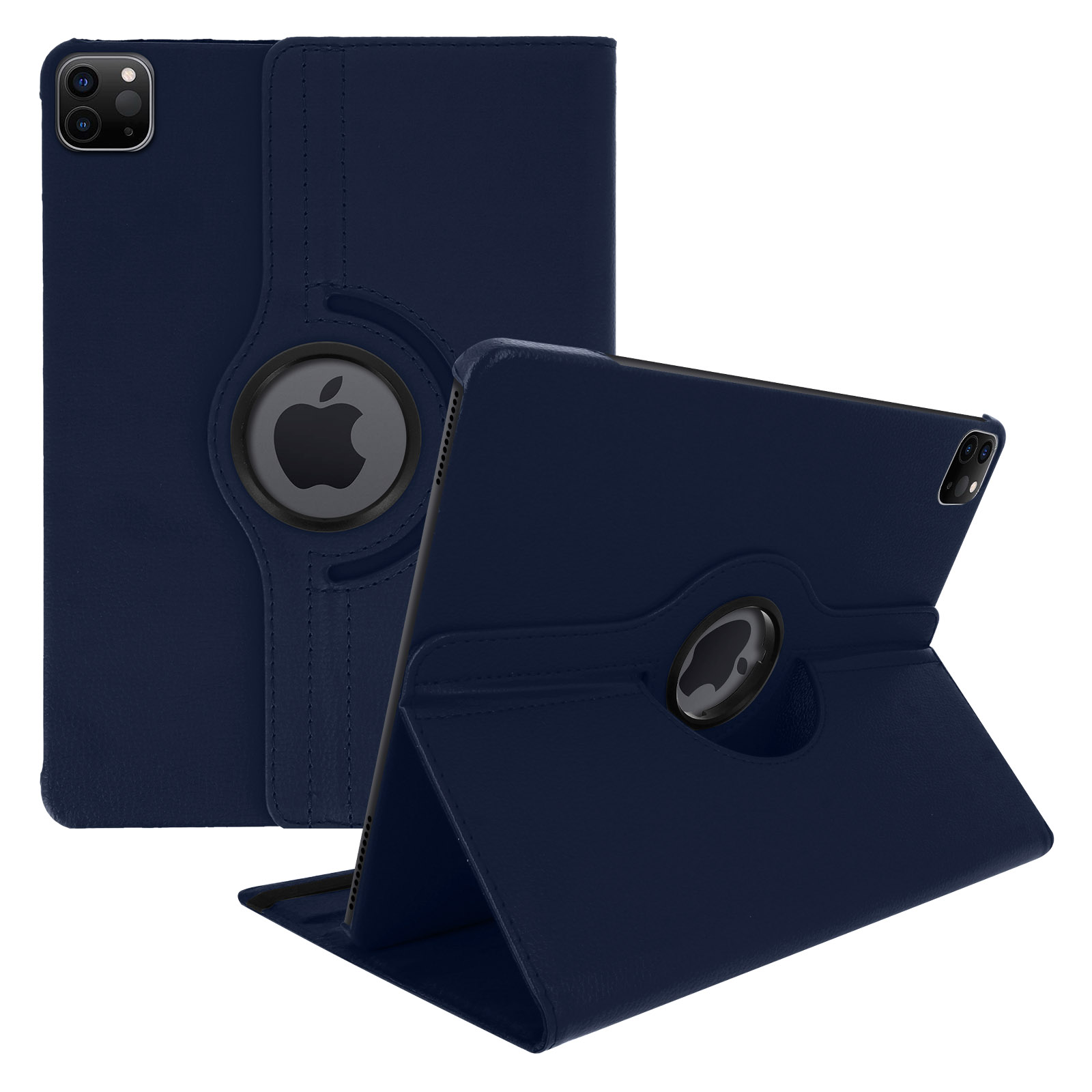 Una custodia blu per iPad viene mostrata da più angolazioni. Ha un supporto rotante e un logo Apple nero.