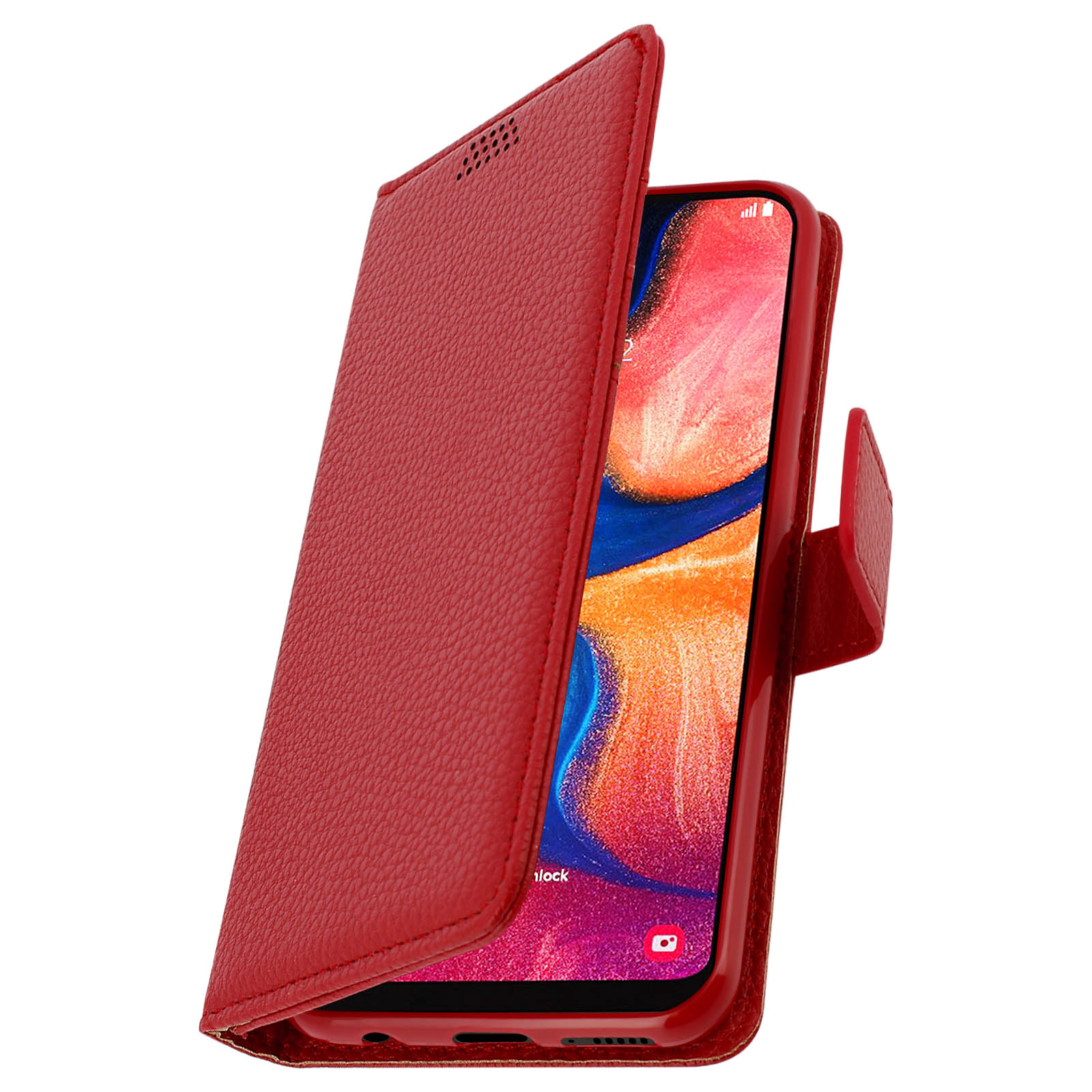 Een rode telefoonhoes met een telefoon erin. De hoes is open. De telefoon toont het scherm.