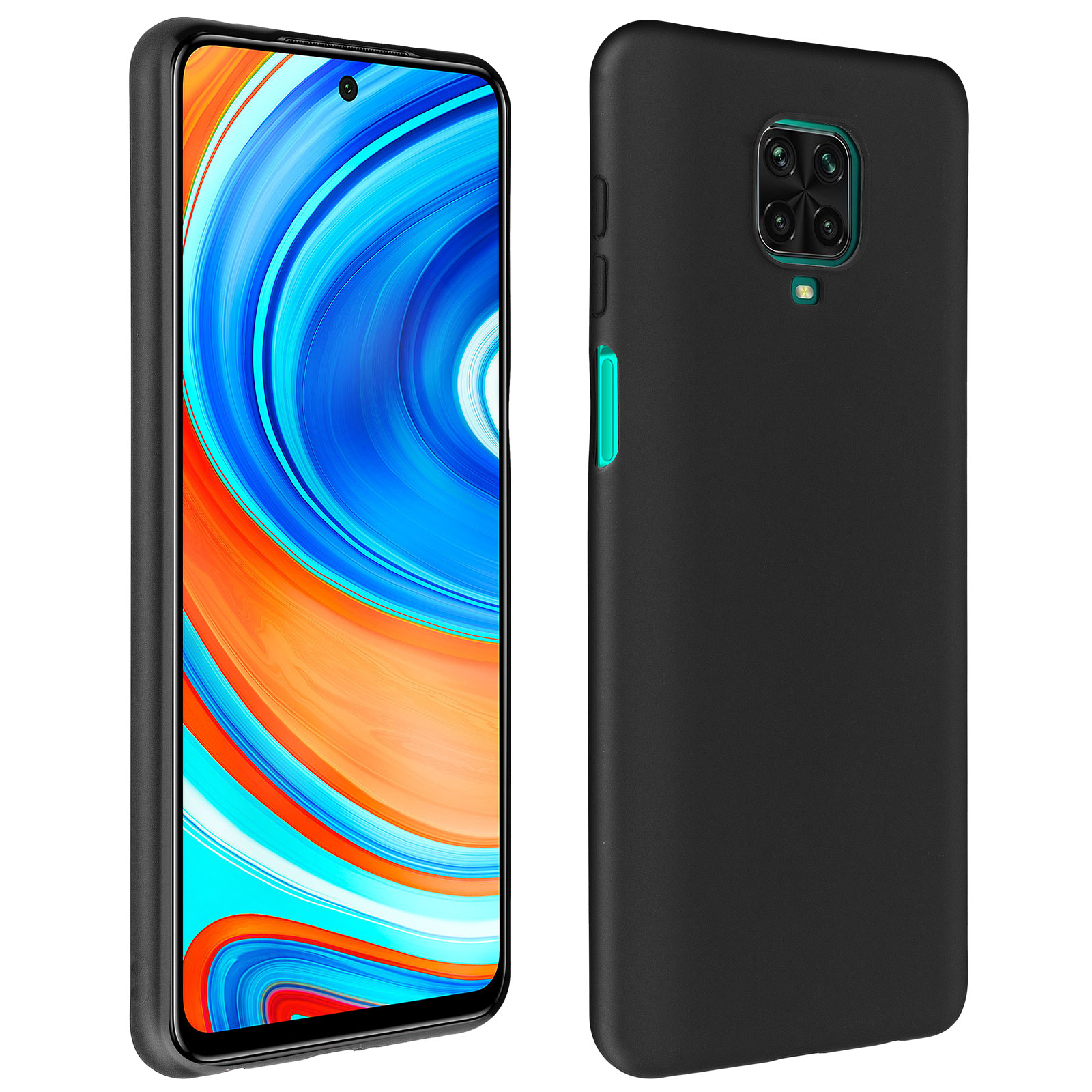 Een zwarte telefoonhoes en telefoon. De telefoon is zwart met een scherm. De hoes heeft een uitsparing voor de camera.