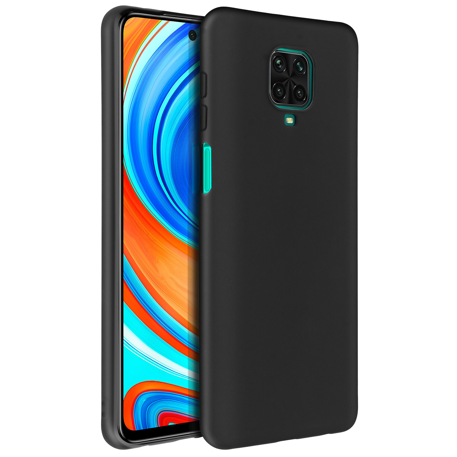 Zwarte telefoonhoes met een telefoon aan de linkerkant. De telefoon toont een kleurrijk scherm.