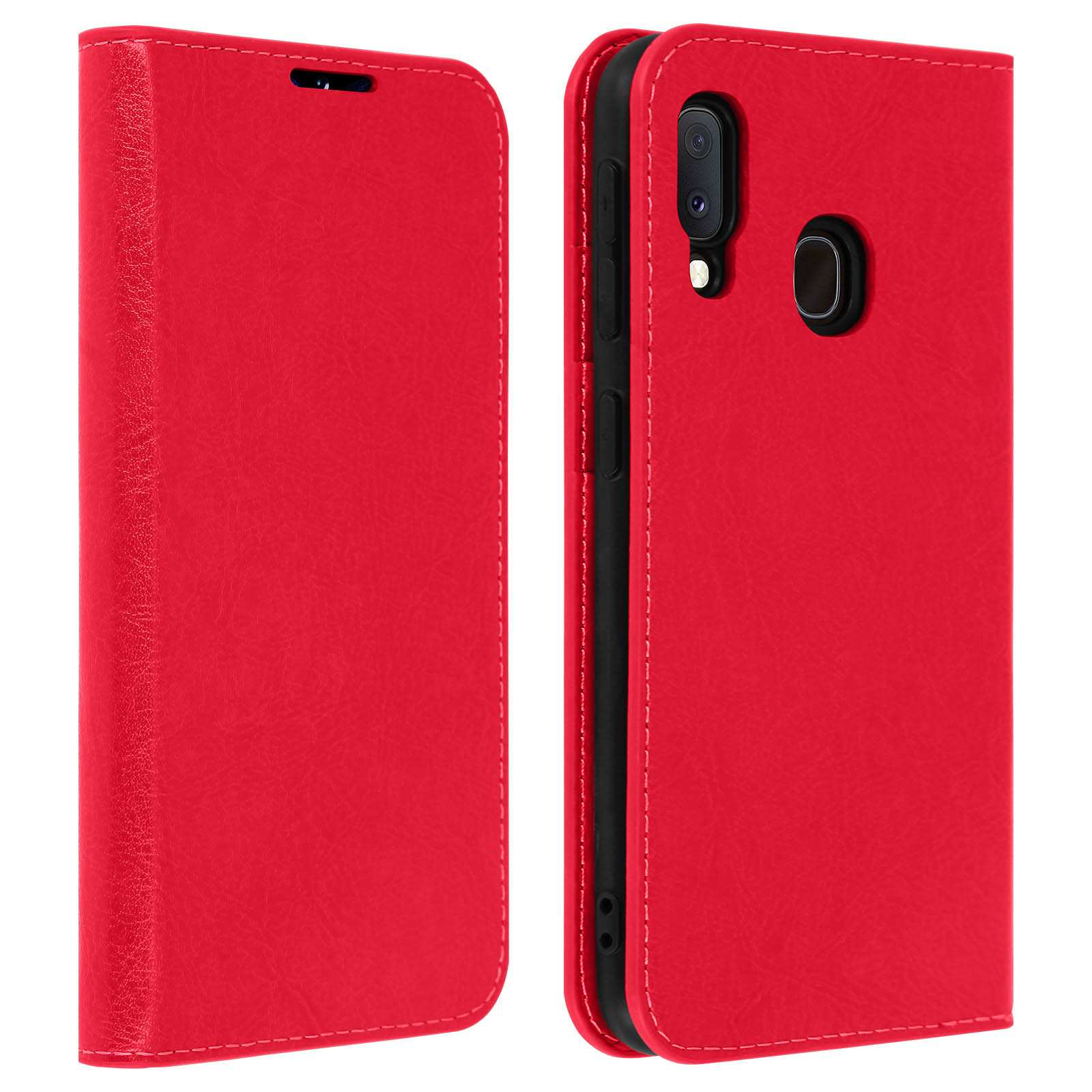 Eine rote Handyhülle ist geöffnet. Sie hat einen Telefonhalter und einen Ausschnitt für die Kamera.