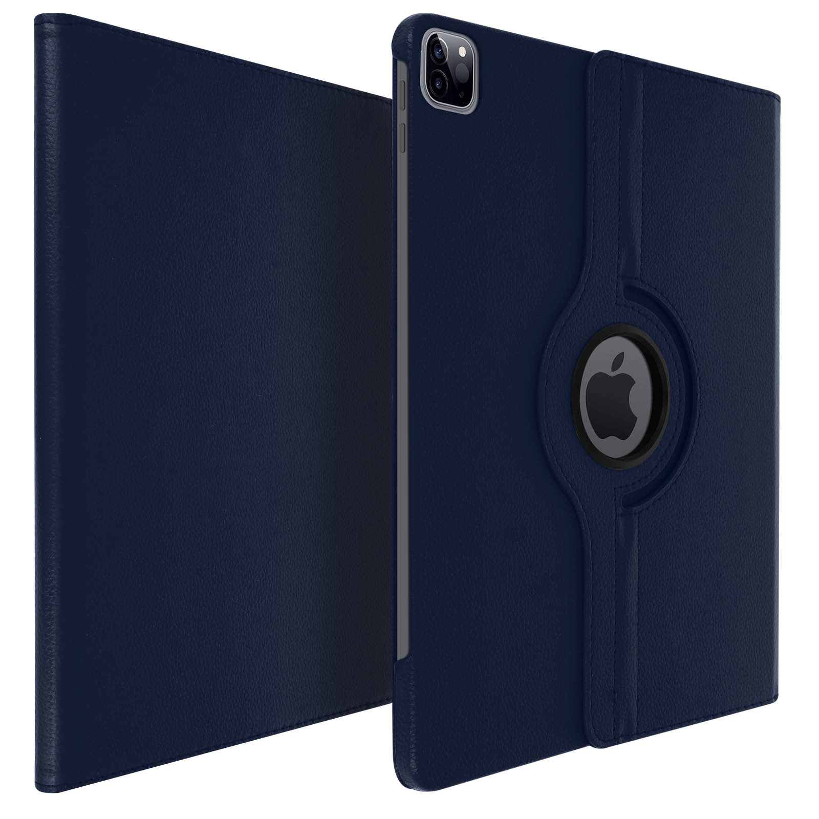 Custodia iPad Apple blu scuro aperta. Ha il logo Apple al centro.