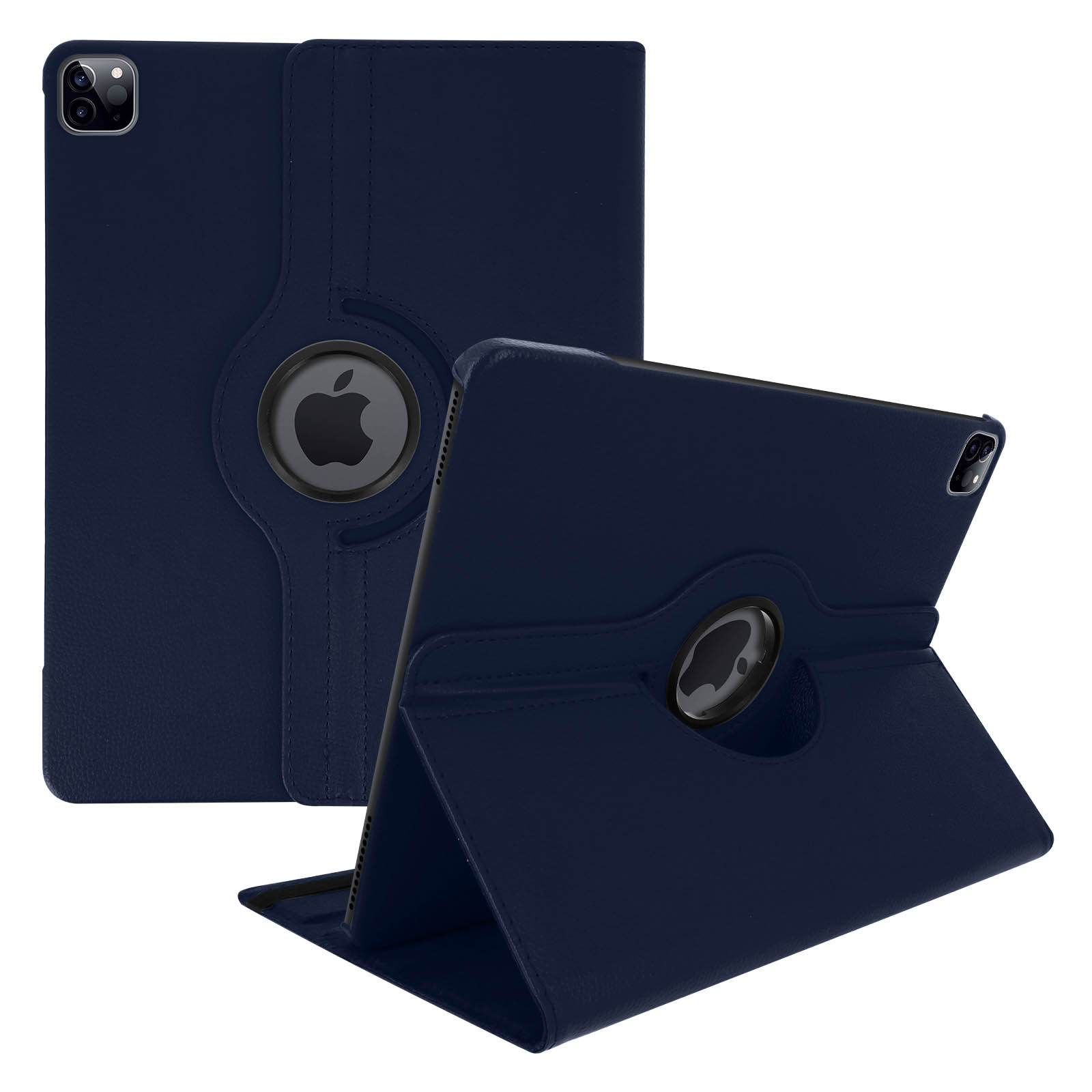 Custodia per tablet blu scuro, che mostra il logo Apple. La custodia è parzialmente aperta, sollevata.