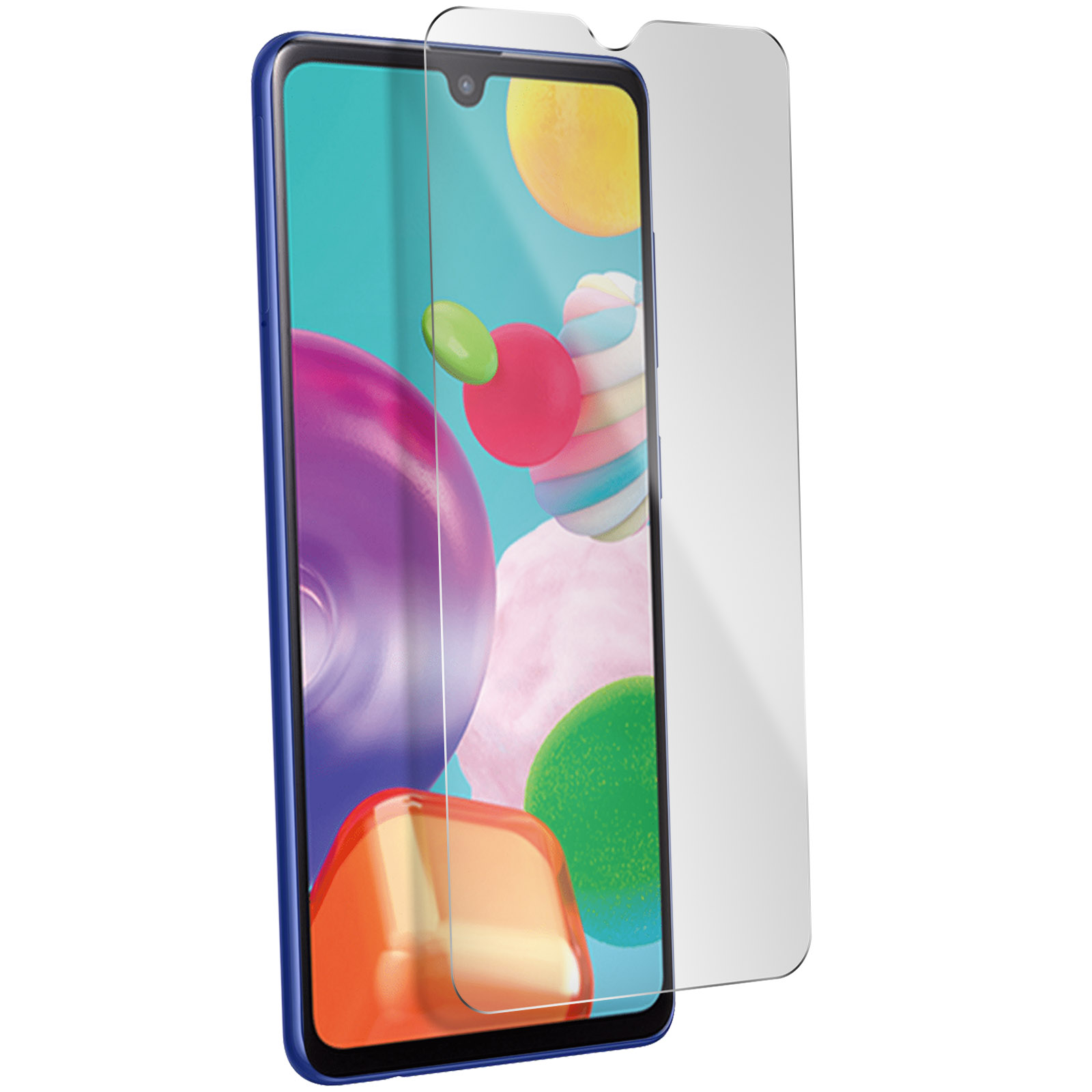 Telefono con protezione schermo. Il telefono ha uno sfondo colorato.