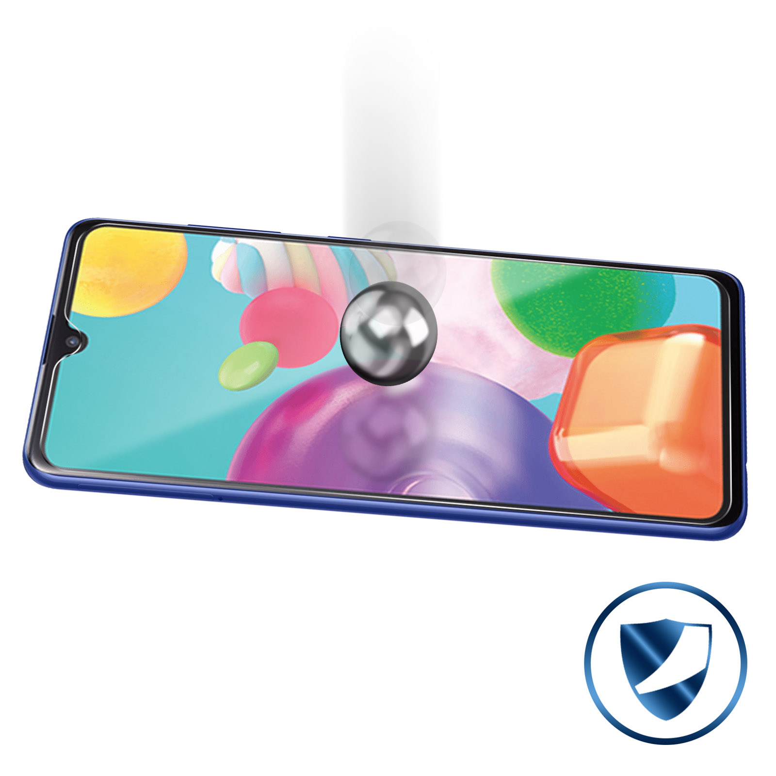 Telefono con protezione schermo. Una palla metallica cade sullo schermo. Cornice blu.