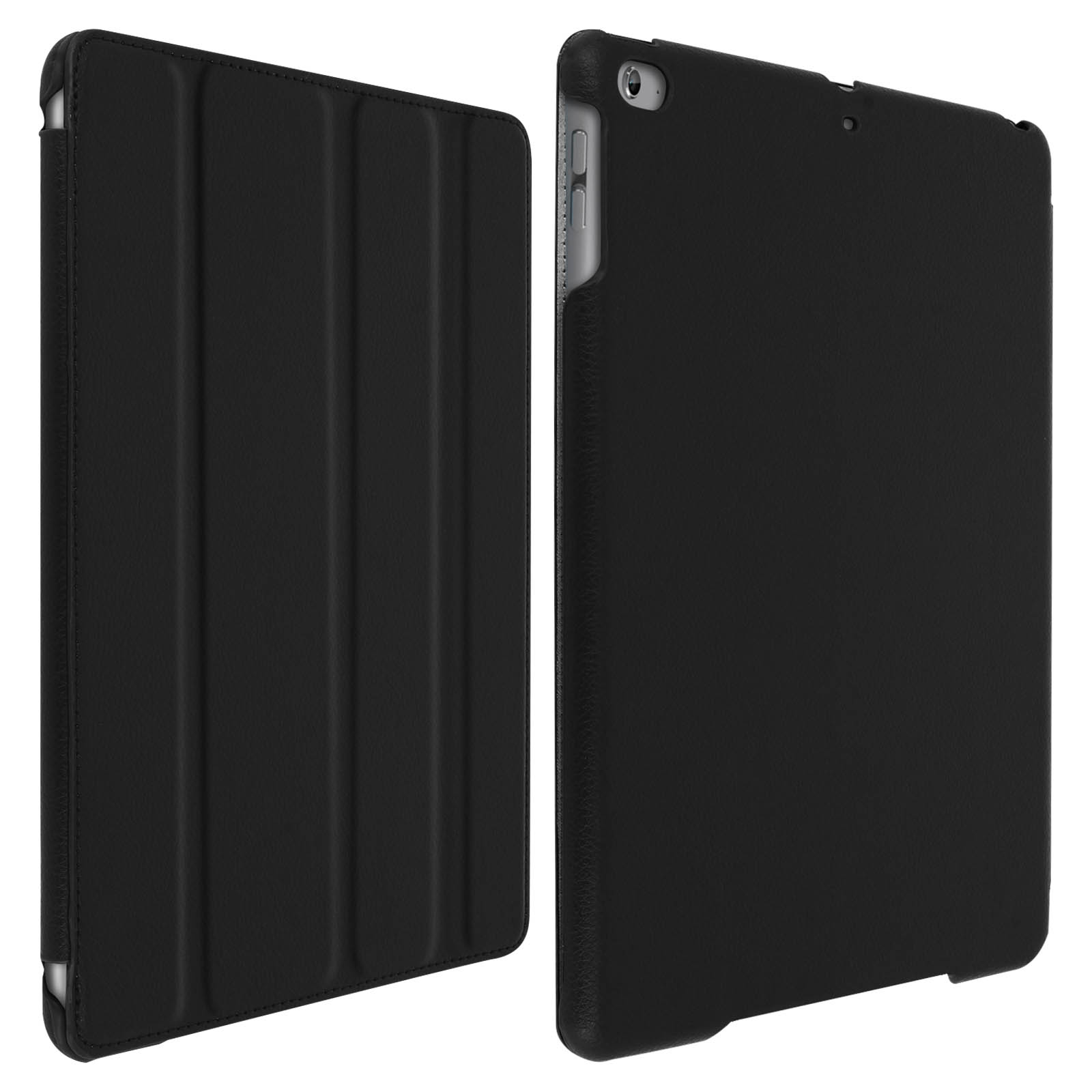Custodia iPad nera con creste verticali sulla cover e retro liscio. Viste aperte e chiuse.