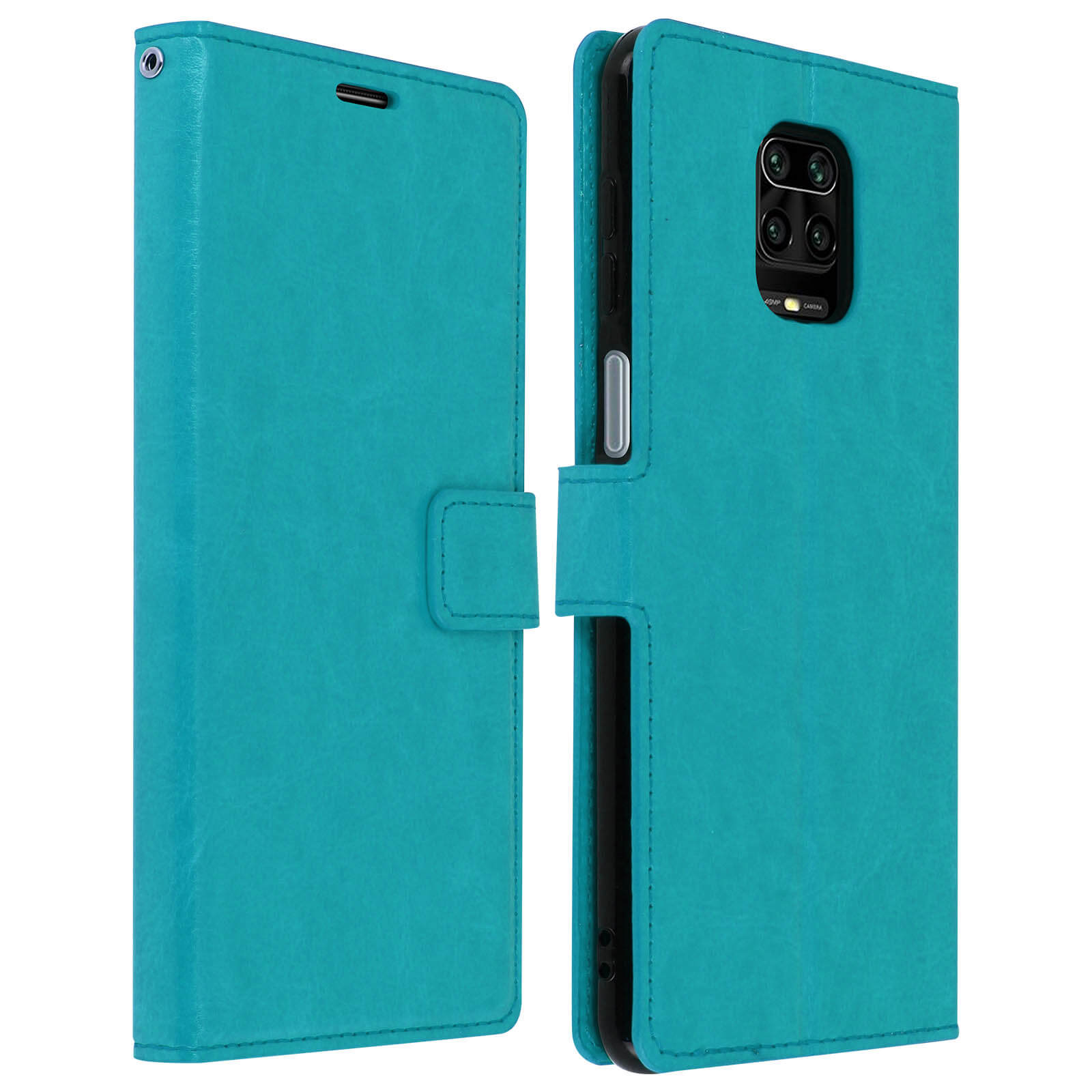 Custodia per telefono turchese aperta e chiusa. Ha una chiusura magnetica.