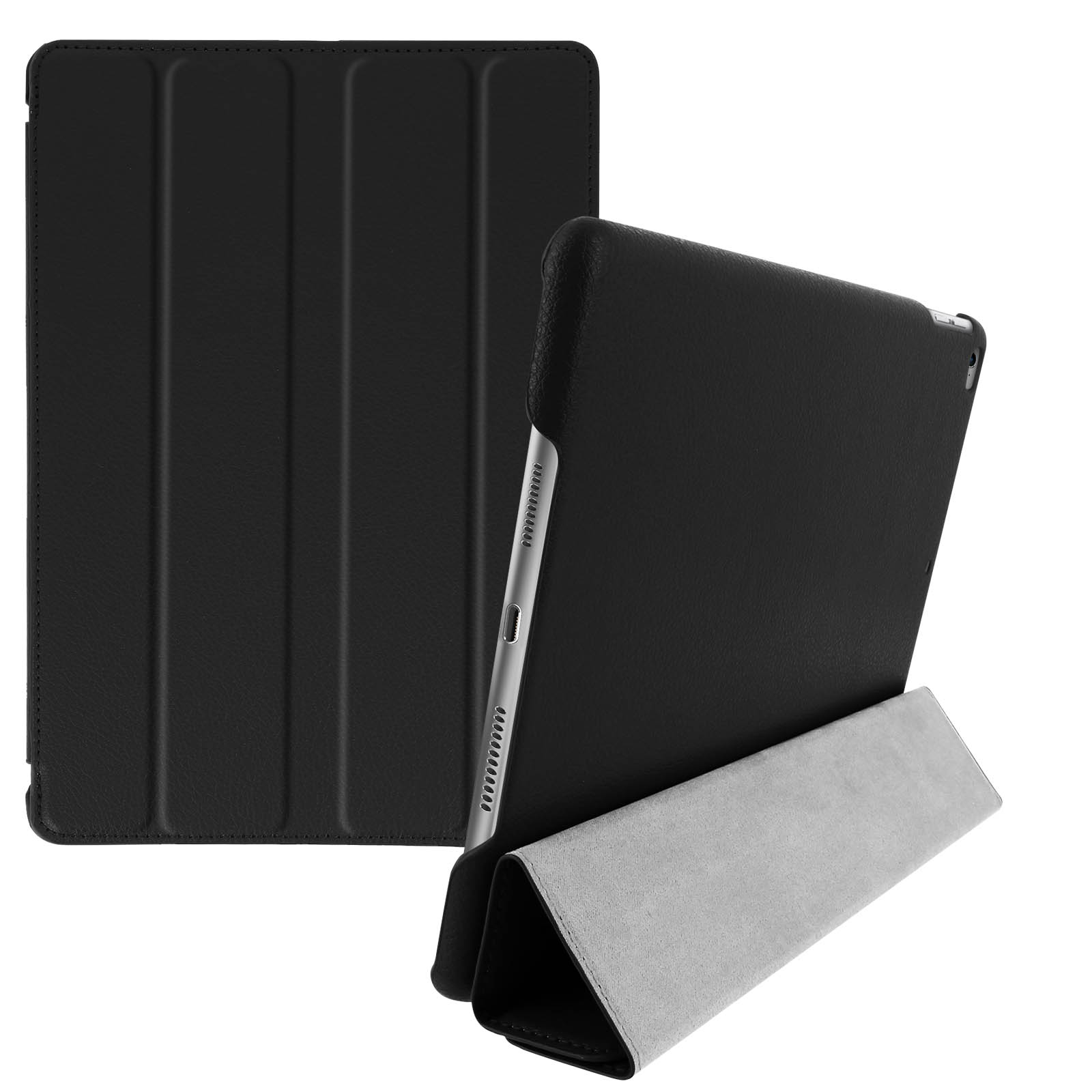 Tablet con cover nera. La cover è aperta e grigia all'interno.