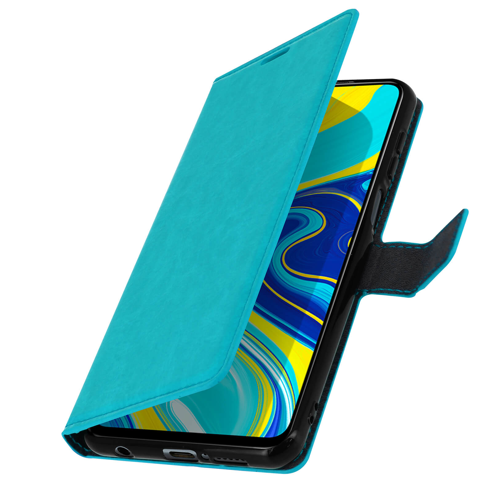 Custodia blu per telefono aperta, che rivela un telefono con sfondo giallo e blu.