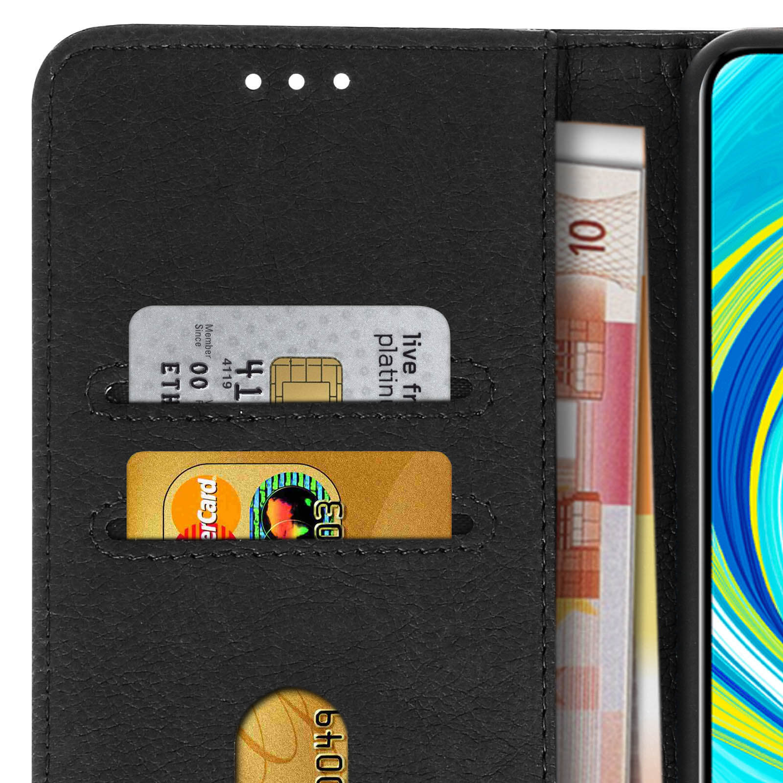 Custodia a portafoglio nera con carte di credito e banconote visibili. Tre fori in alto.