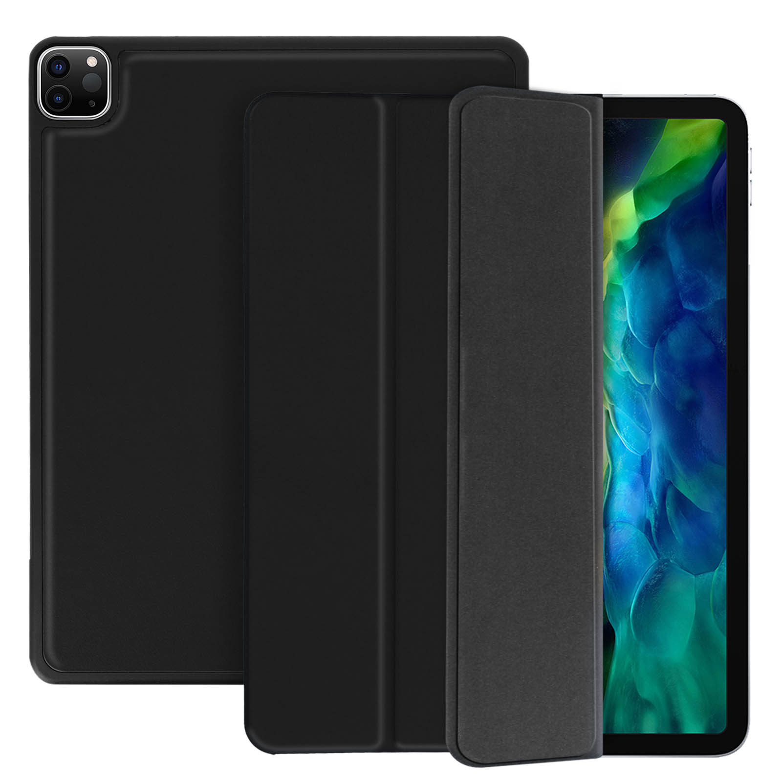 Custodia per tablet nera, viste anteriore e posteriore. La custodia è chiusa e ha un ritaglio per la fotocamera.
