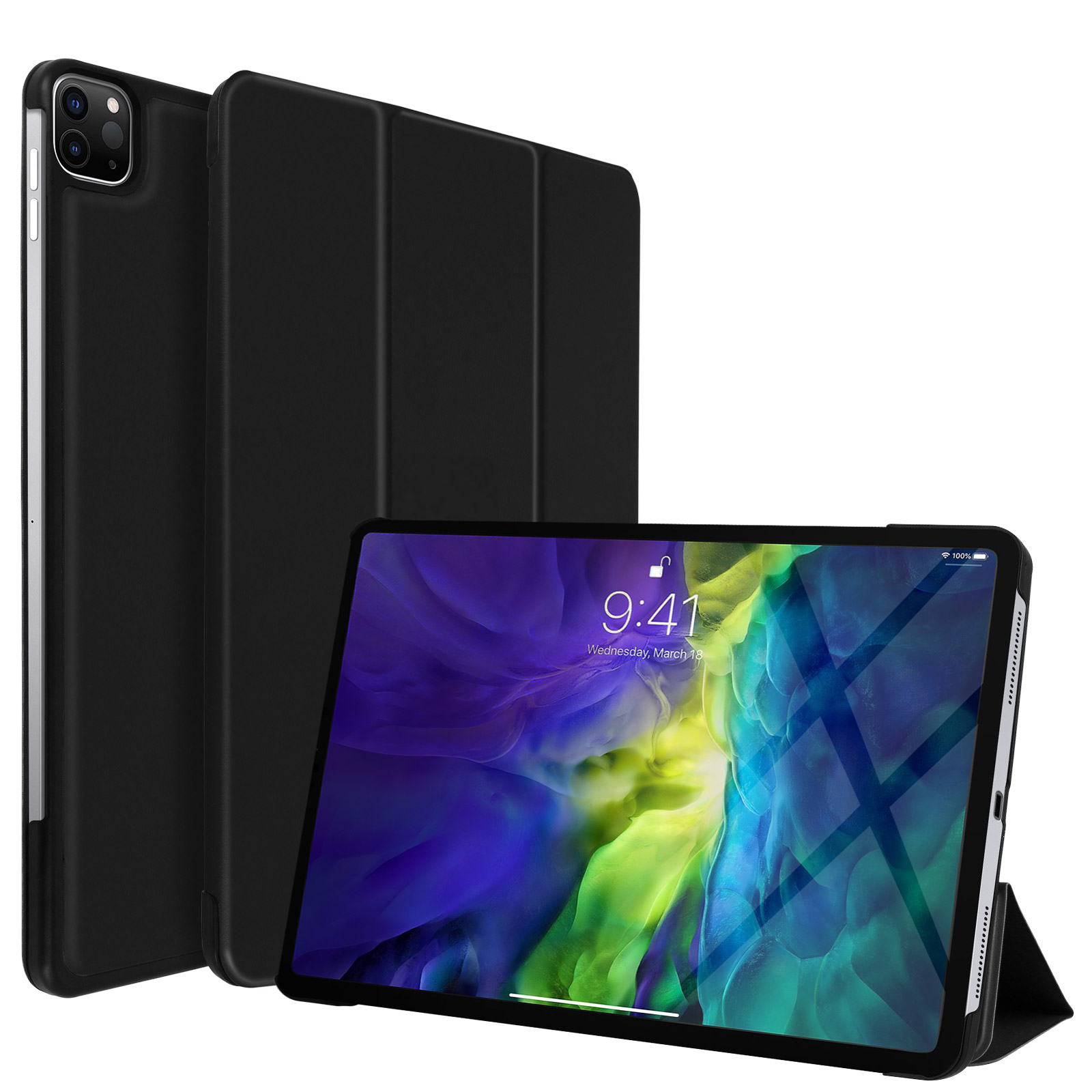 Tablet nero con custodia. Due tablet, uno aperto e uno chiuso, su sfondo bianco.
