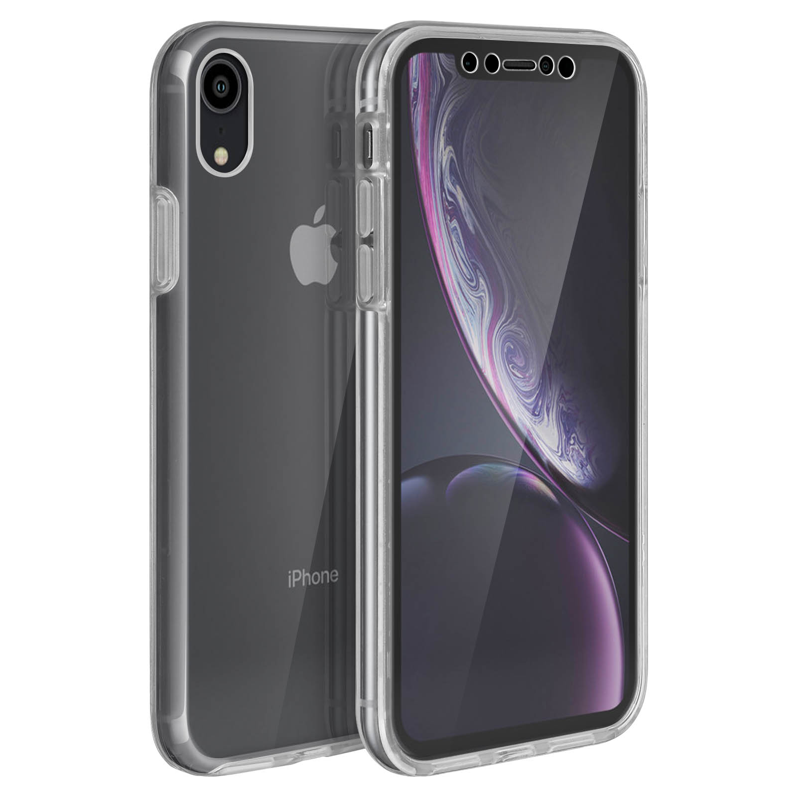Una custodia trasparente per iPhone con un iPhone all'interno, su sfondo bianco.