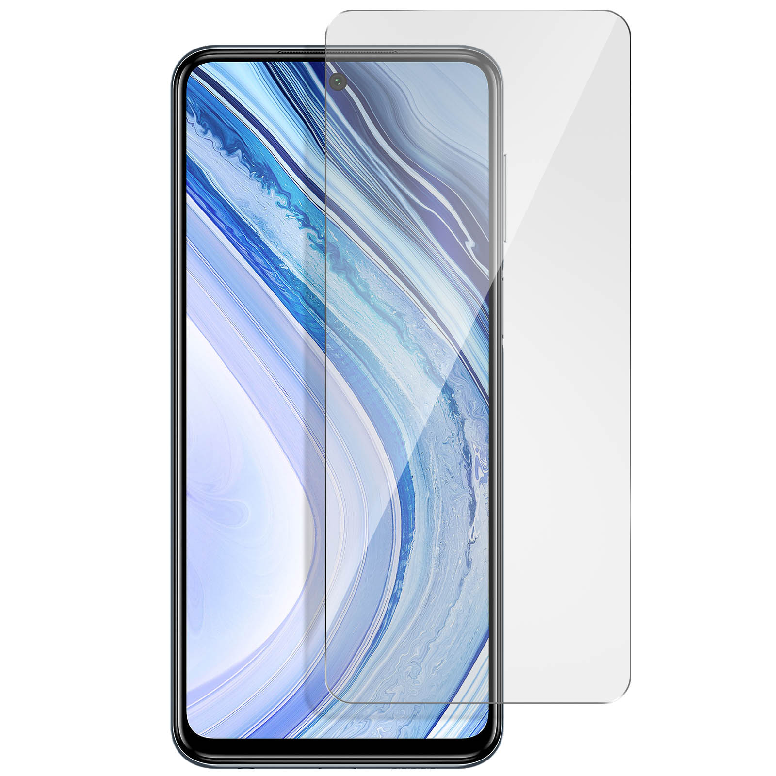 Un téléphone avec un protecteur d'écran appliqué, placé sur une surface blanche. Le protecteur d'écran est également visible.