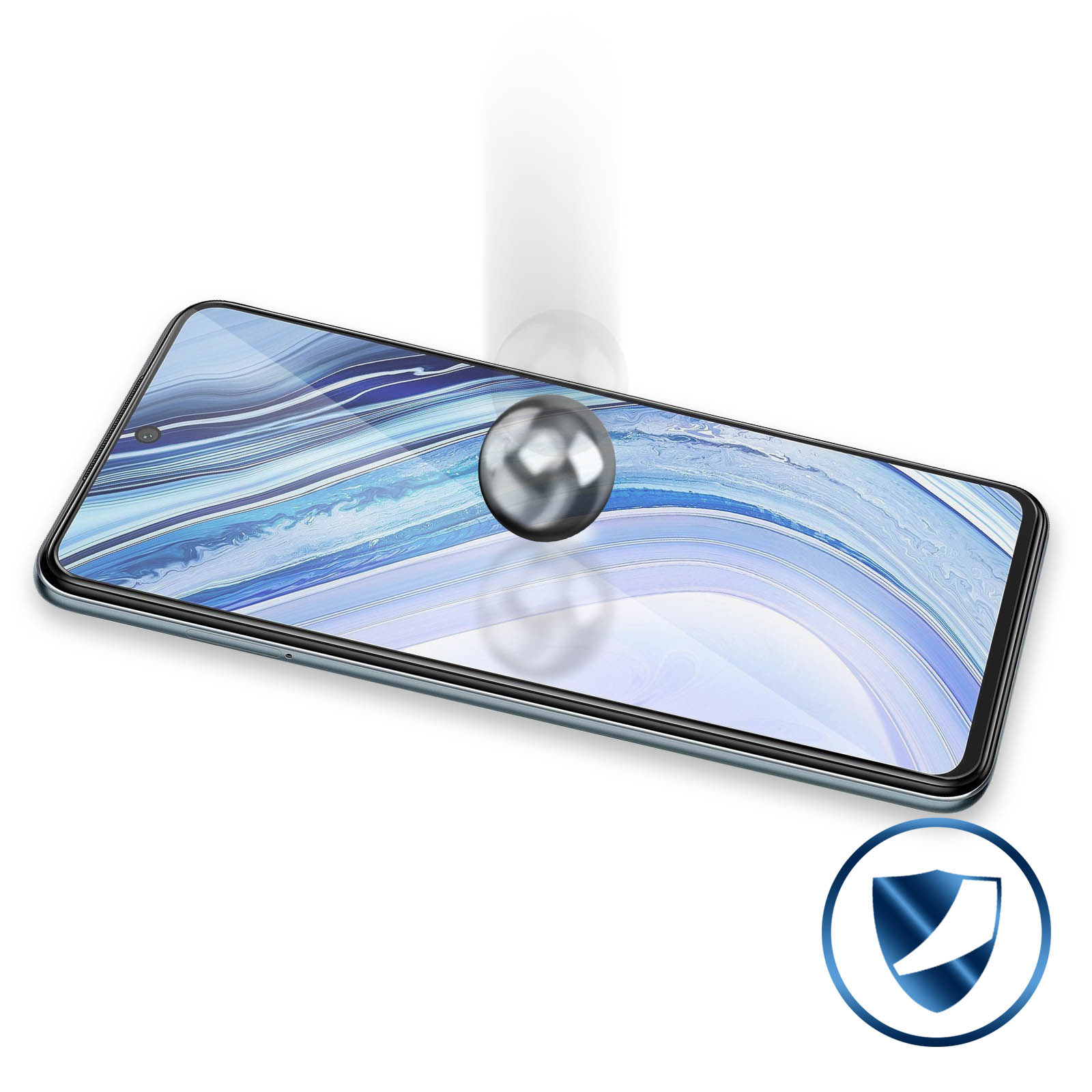 Smartphone avec protecteur d'écran et une boule argentée tombante. Une icône de bouclier est dans le coin.