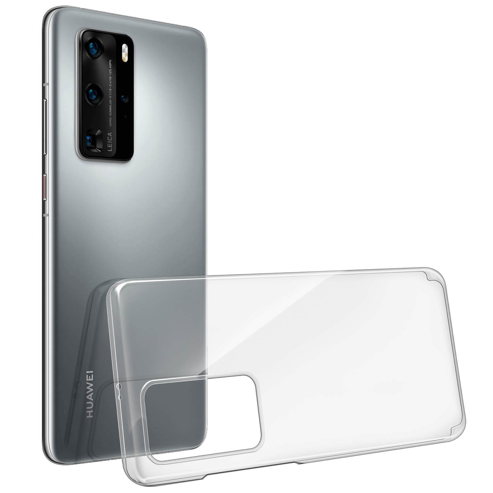 Telefono argentato con custodia trasparente accanto. Obiettivo Leica. Sfondo bianco.