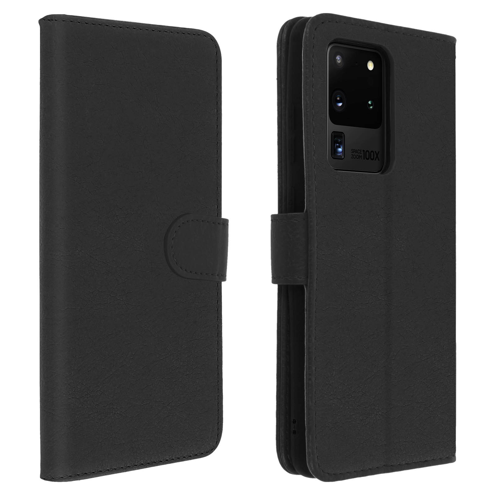 Coque de téléphone noire, affiche écran et dos.