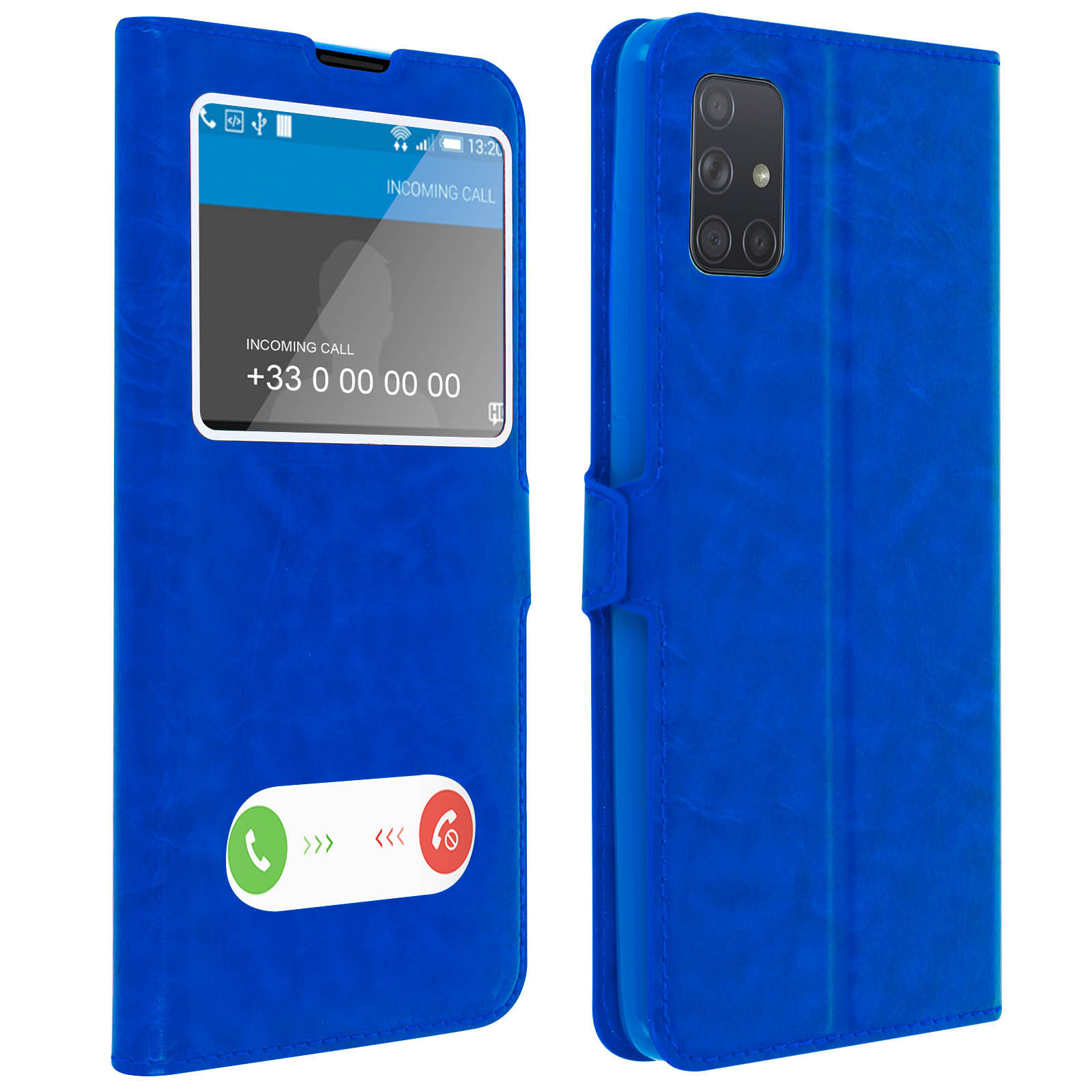 Custodia per telefono blu, aperta che mostra chiamata in arrivo. Il lato destro mostra il telefono.