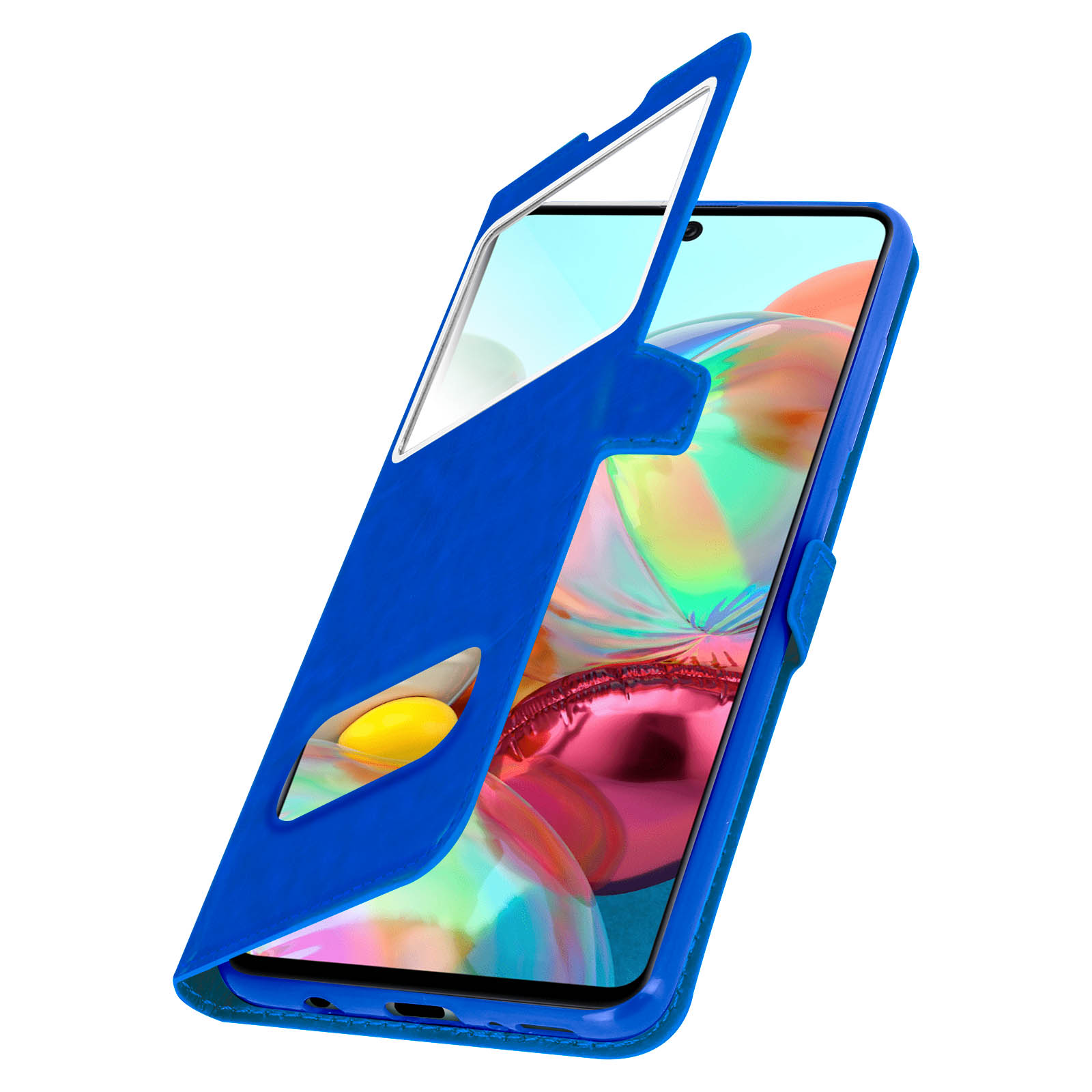 Custodia blu per telefono, aperta per rivelare un telefono con schermo. Lo schermo ha uno sfondo colorato.