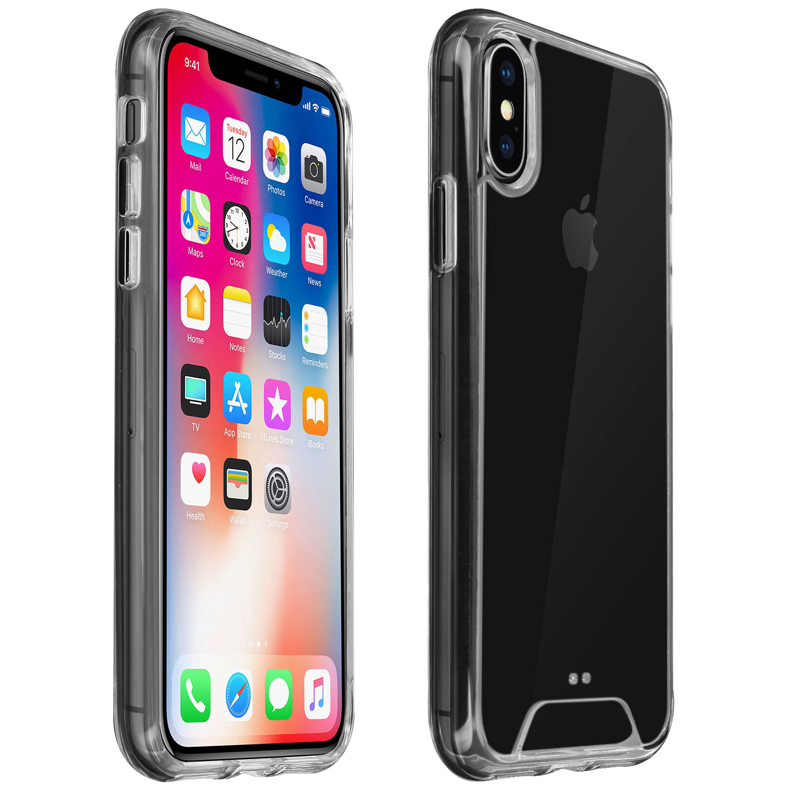 Due custodie trasparenti per telefono, una davanti, una dietro. Il telefono è visibile.