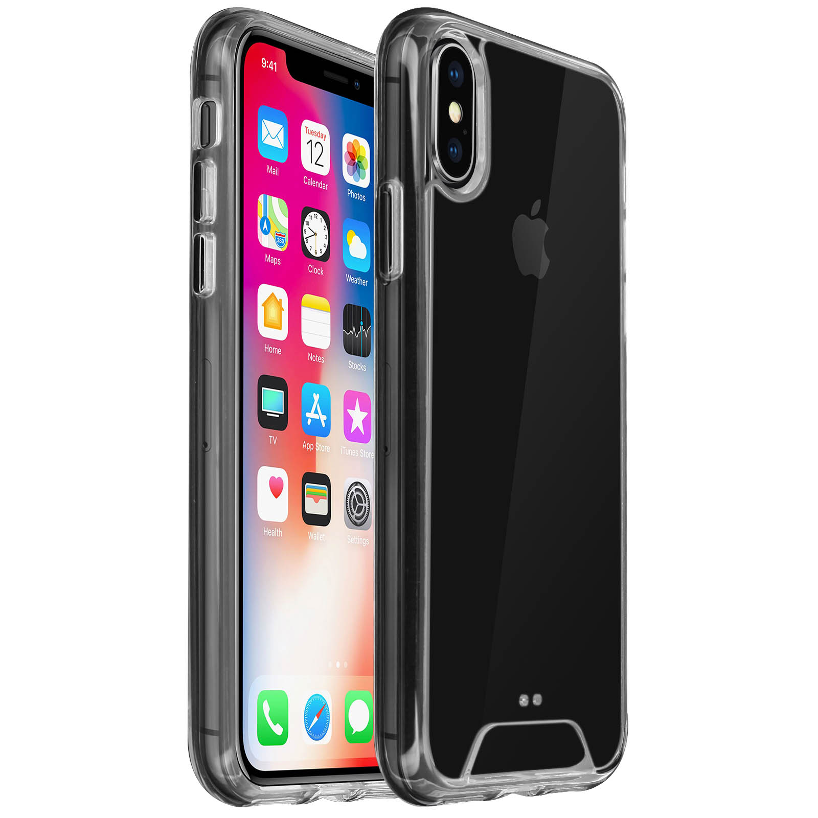 Custodia trasparente per iPhone X. Il telefono mostra la schermata iniziale. La custodia copre il telefono e ha un logo Apple.