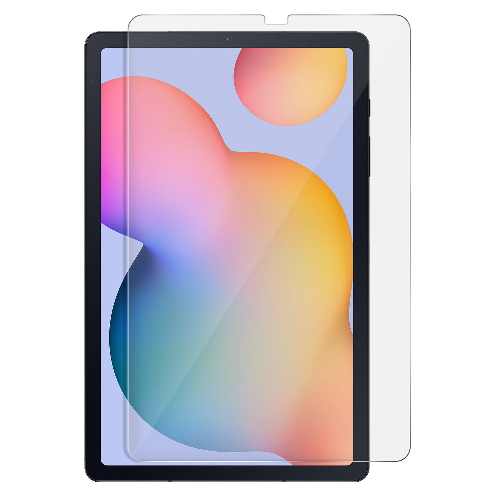 Un tablet nero con una protezione per lo schermo sullo schermo, su sfondo bianco.
