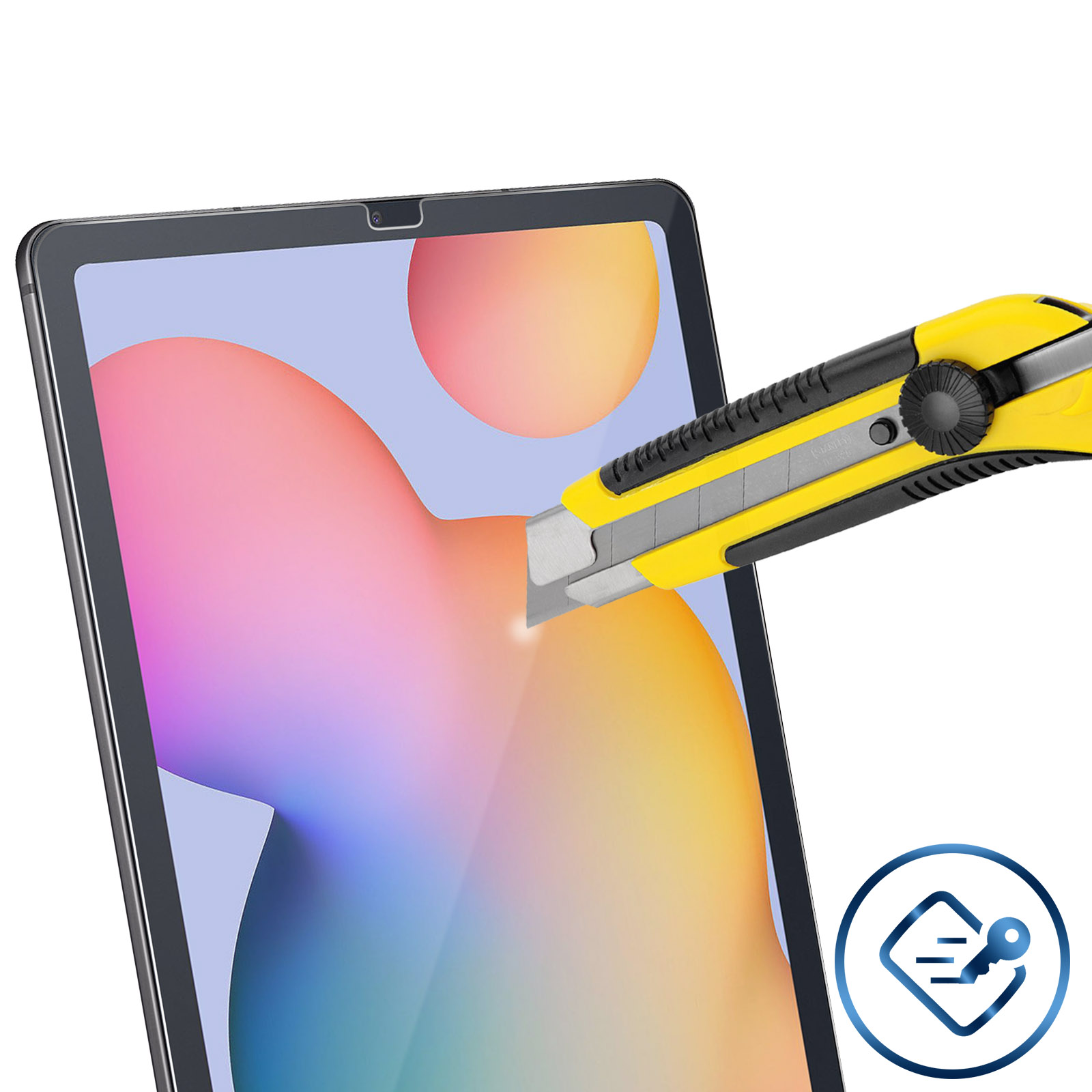 Un tablet con protezione schermo testato con un taglierino giallo.