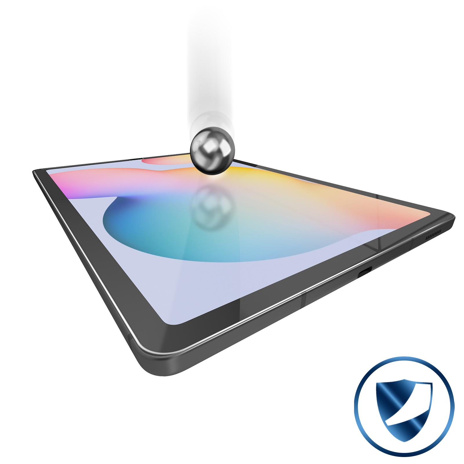 Tablet con protezione schermo, una sfera metallica sta cadendo verso il tablet. Icona protettiva.