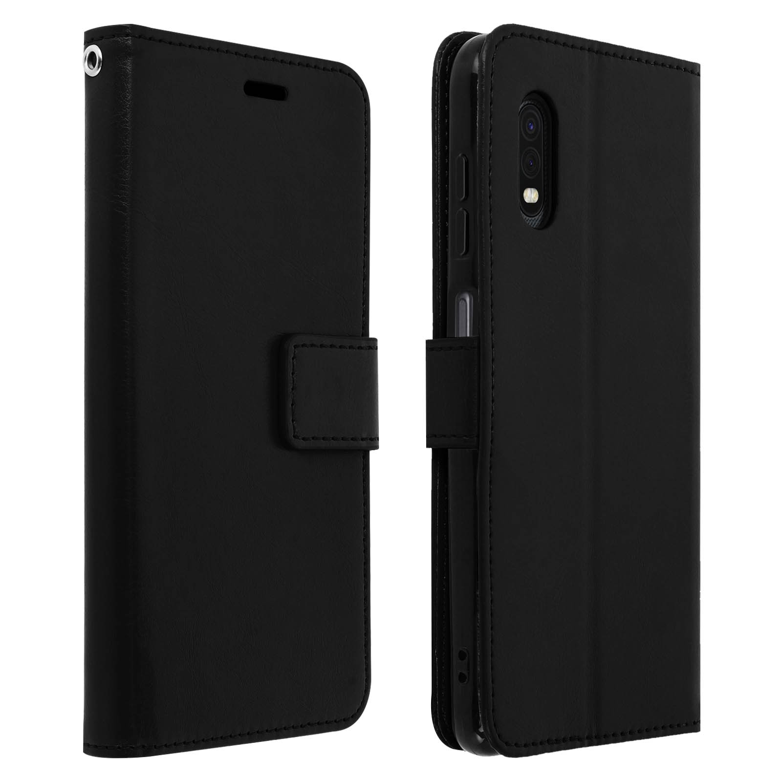 Custodia per telefono nera, aperta, con un telefono all'interno. La custodia ha una chiusura magnetica.