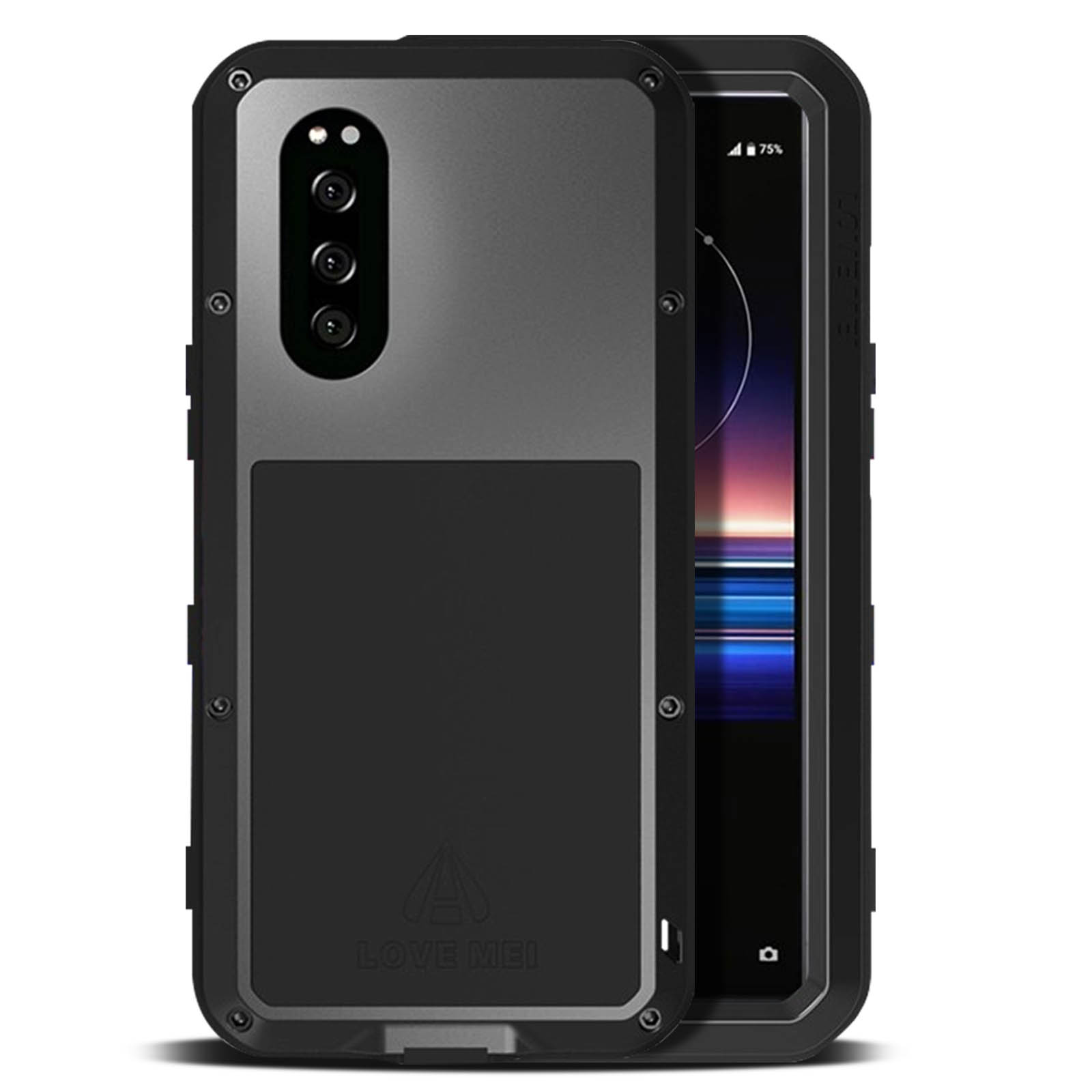 Coque de téléphone noire et grise avec la marque Love Mei. Il y a un téléphone et un affichage d'écran de téléphone.