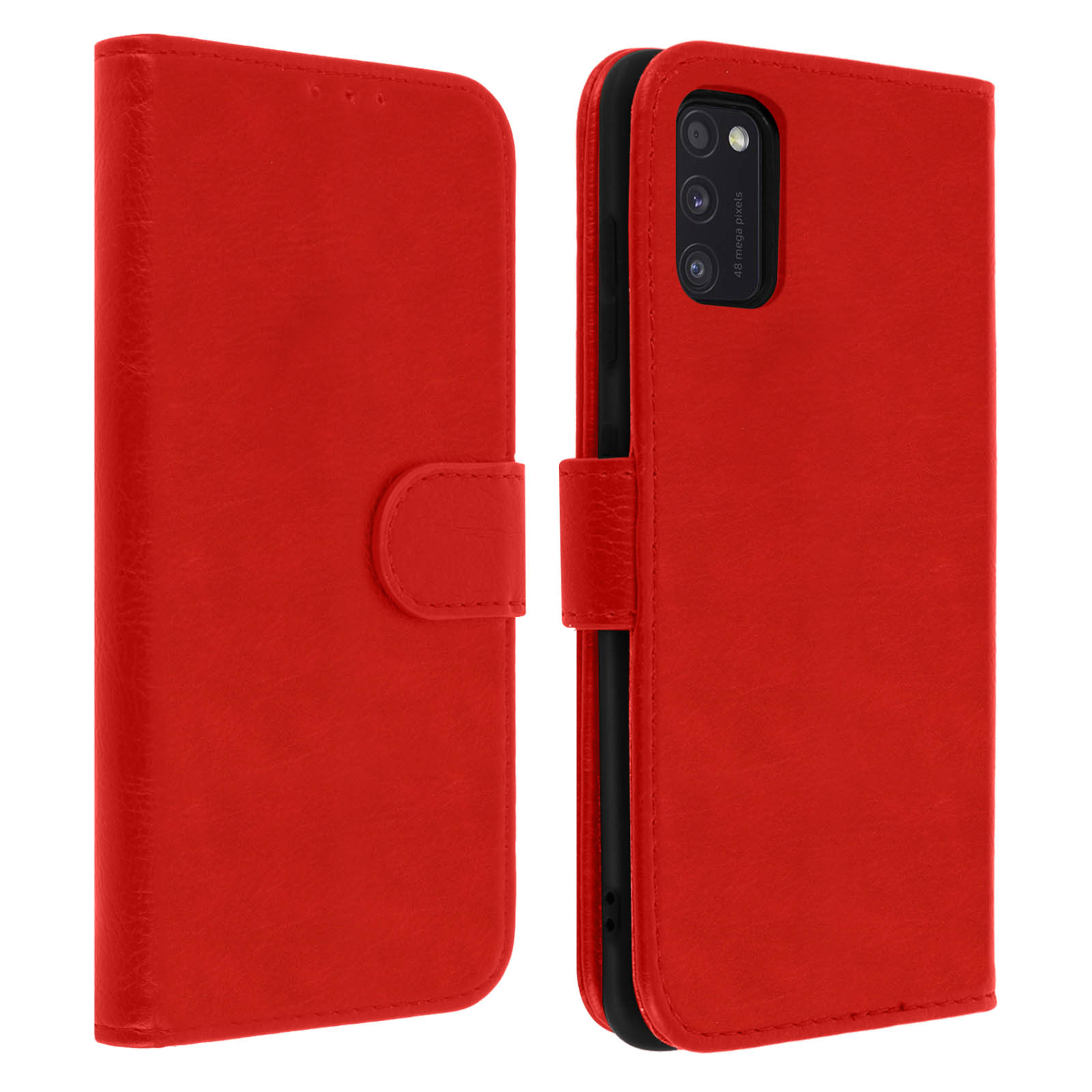 Étui de téléphone rouge avec rabat. Le téléphone est visible à droite avec un ensemble de caméras.