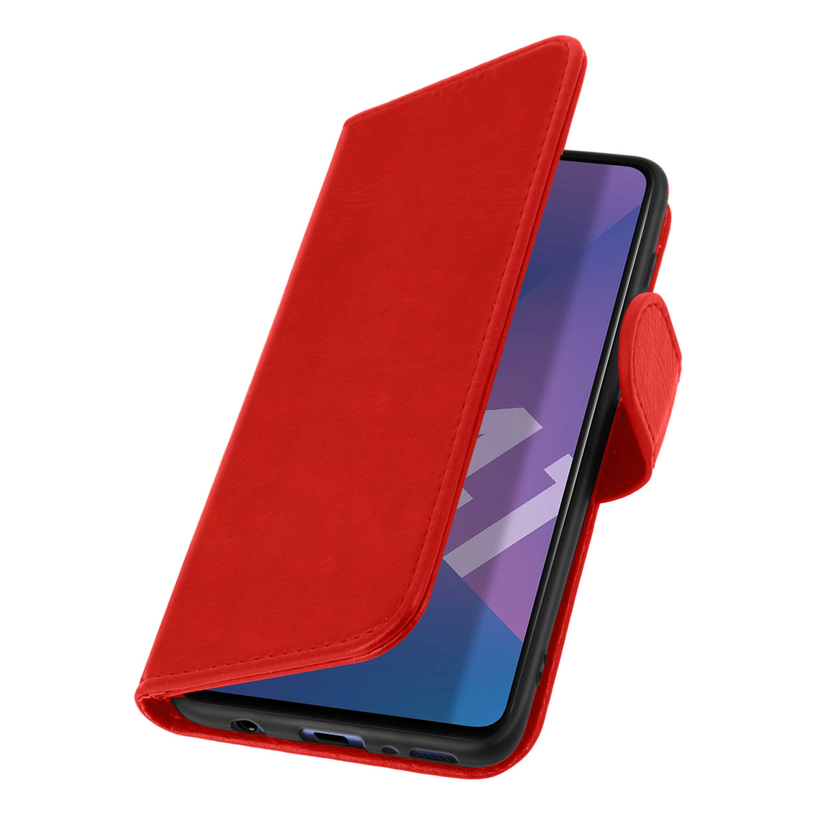 Un étui de téléphone rouge ouvert pour révéler un téléphone. L'écran du téléphone affiche un motif bleu.