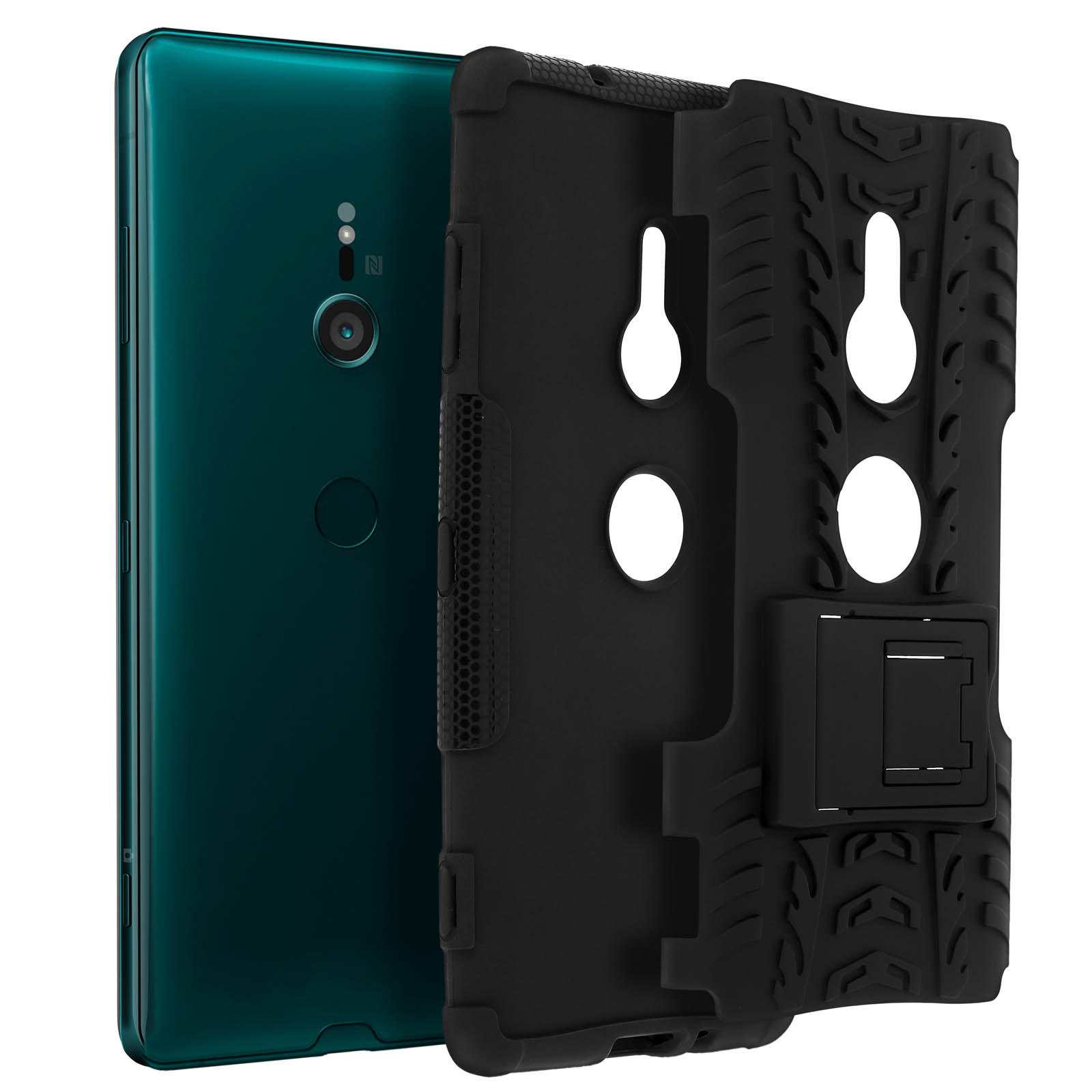 Schwarze Handyhülle mit Ständer. Das Telefon ist grün. Robustes, schützendes Design.