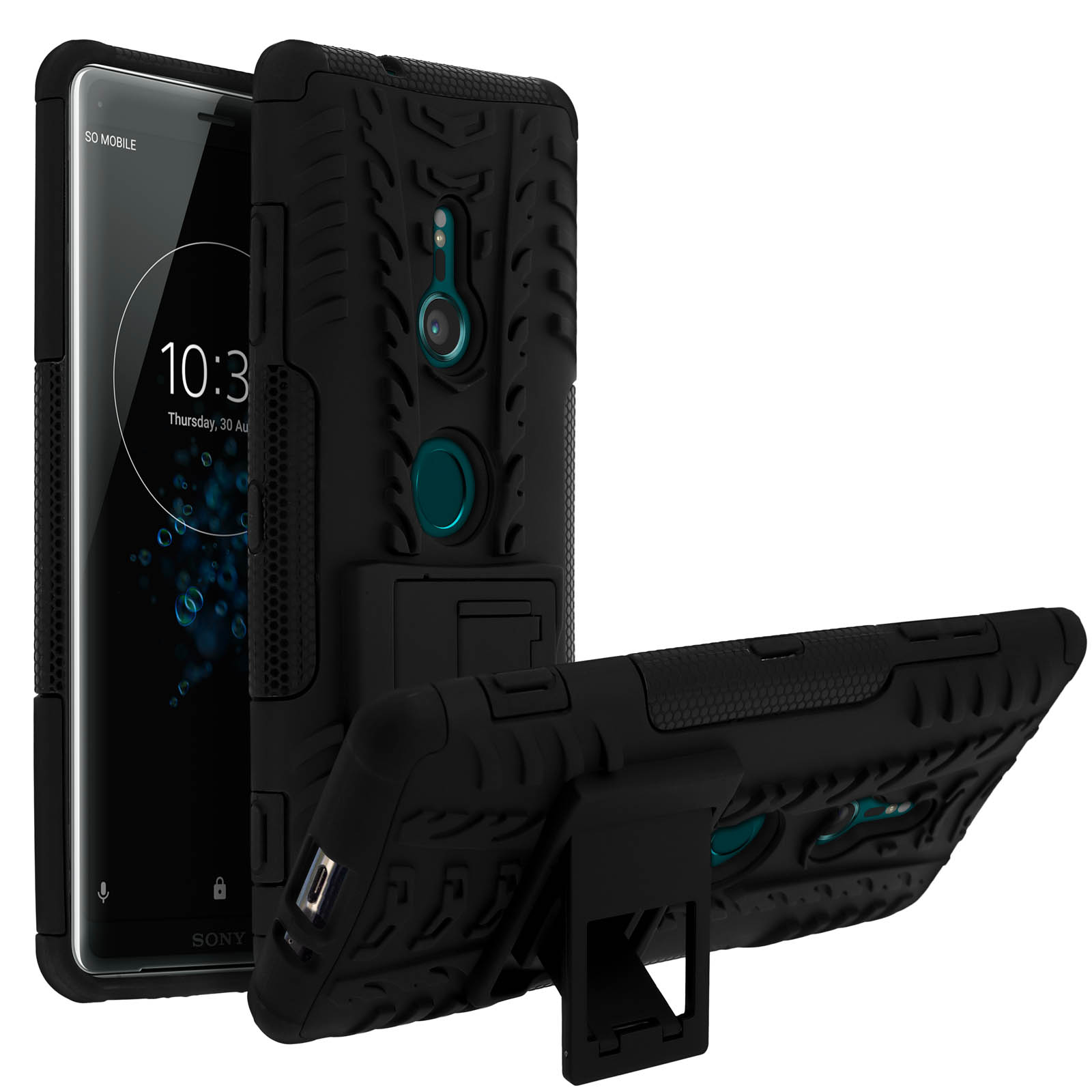 Schwarze Handyhülle mit Ständer. Hülle bedeckt Telefon, hat strukturiertes Design. Telefon ist schwarz mit SO MOBILE Text.