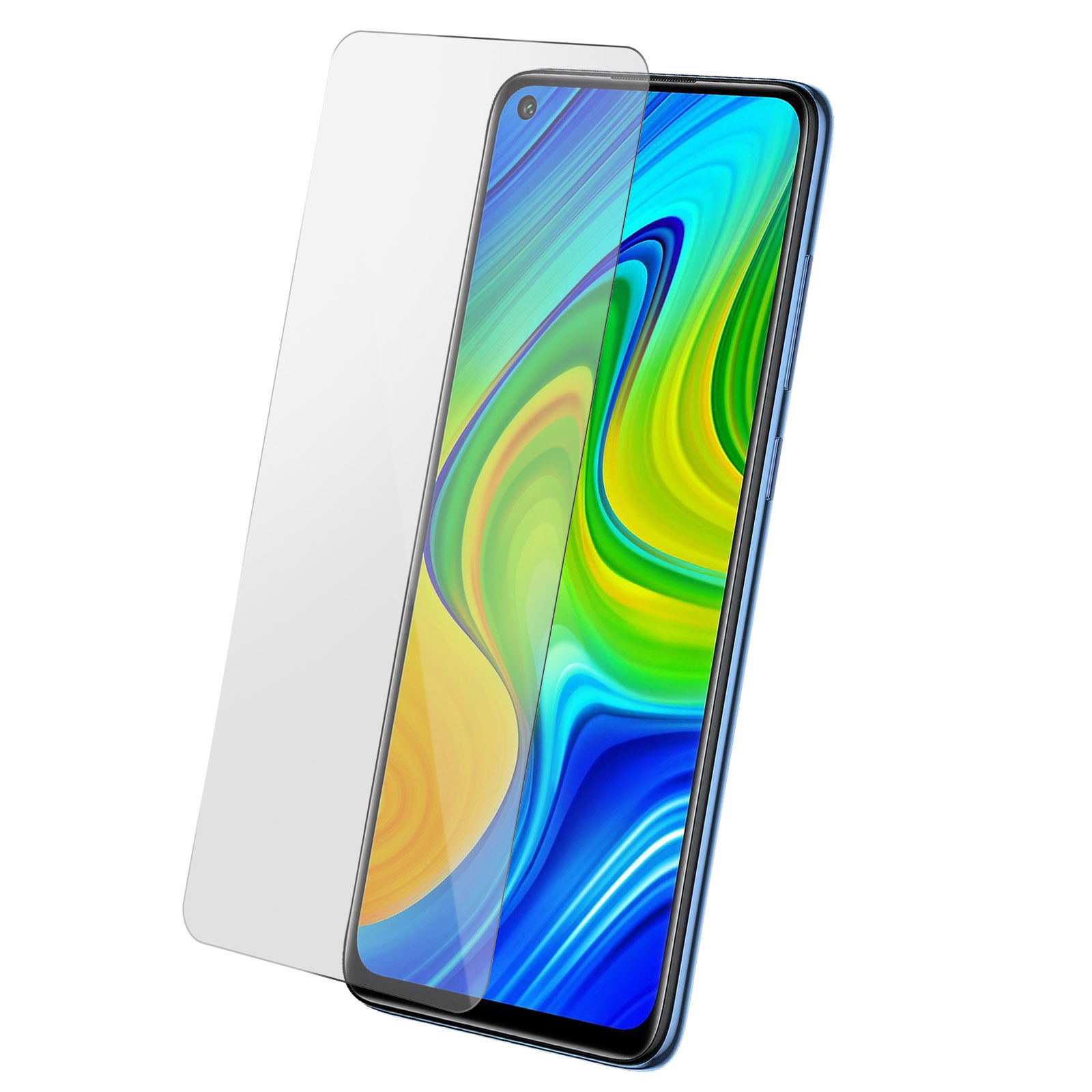 Een schermbeschermer voor een telefoon. Een telefoon staat rechts, de beschermer links.