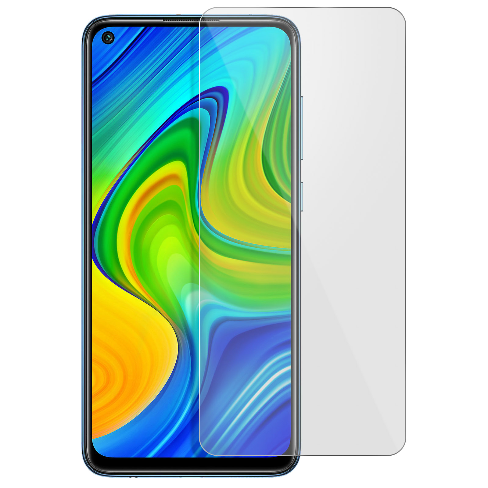 Een telefoonbeschermer, helder en transparant op een blauwe telefoon.