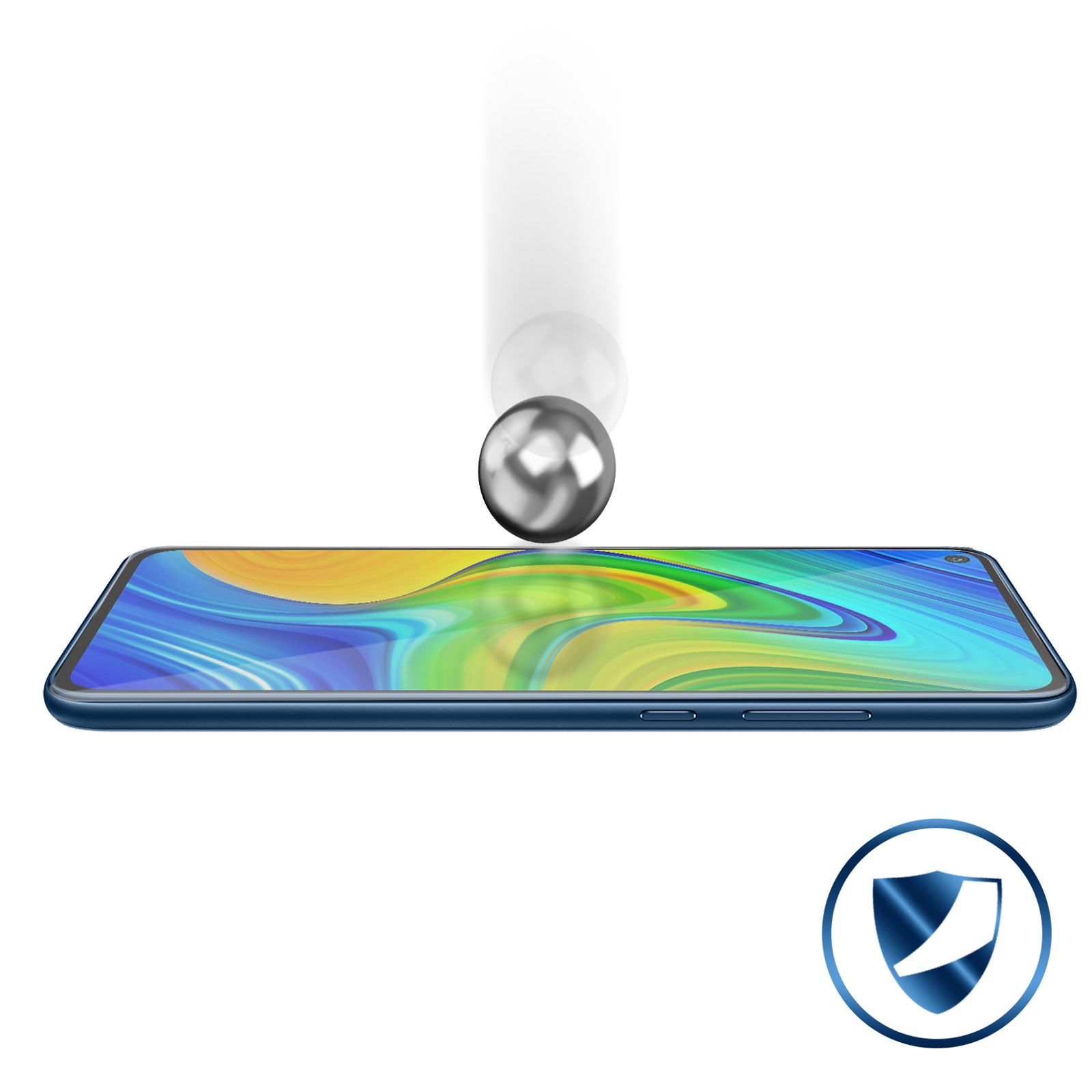 Een telefoon met een blauwe achterkant, en een bal die op het scherm valt, met een schildpictogram.