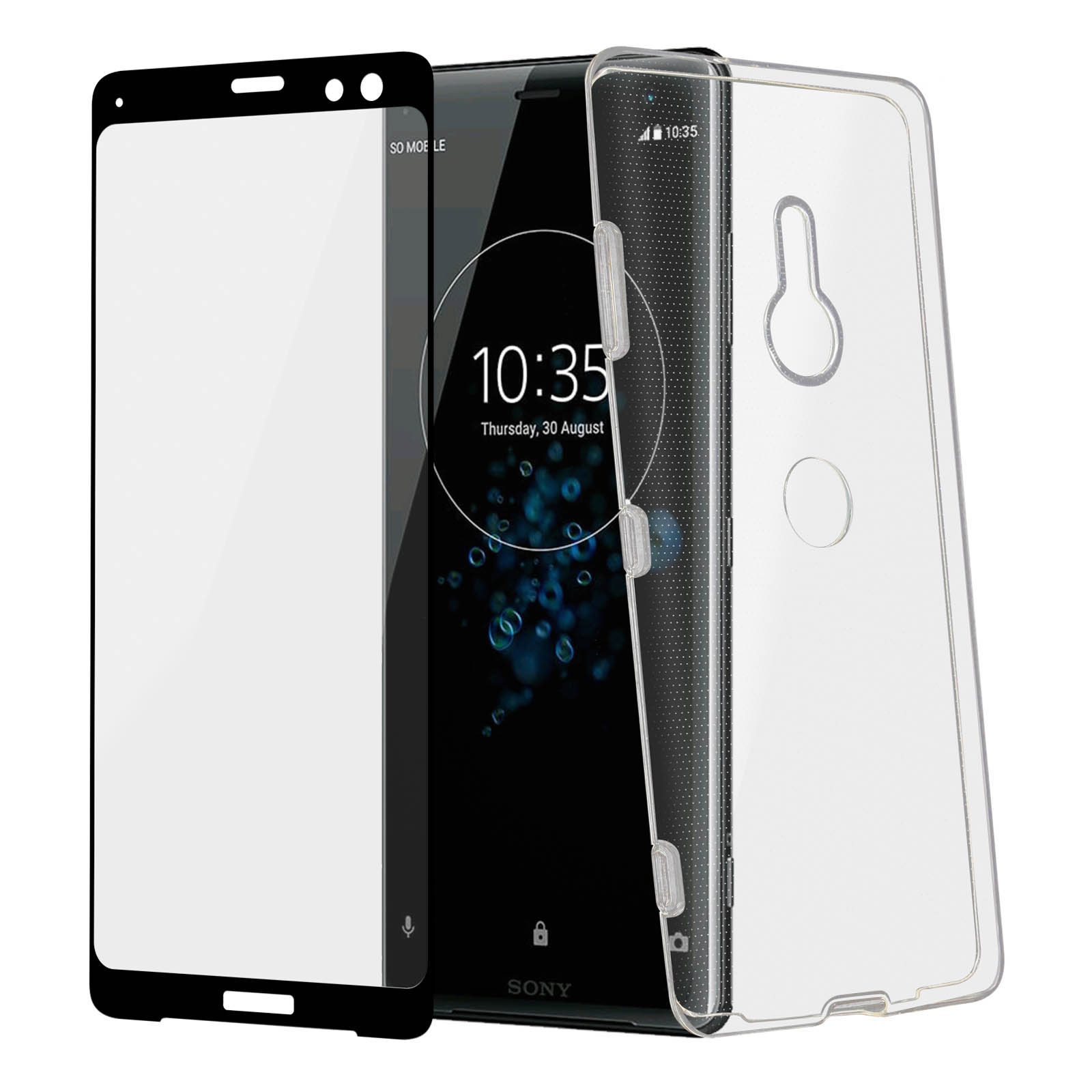 Ein Telefon mit Displayschutzfolie und einer transparenten Hülle, zusammen mit seinen Komponenten.
