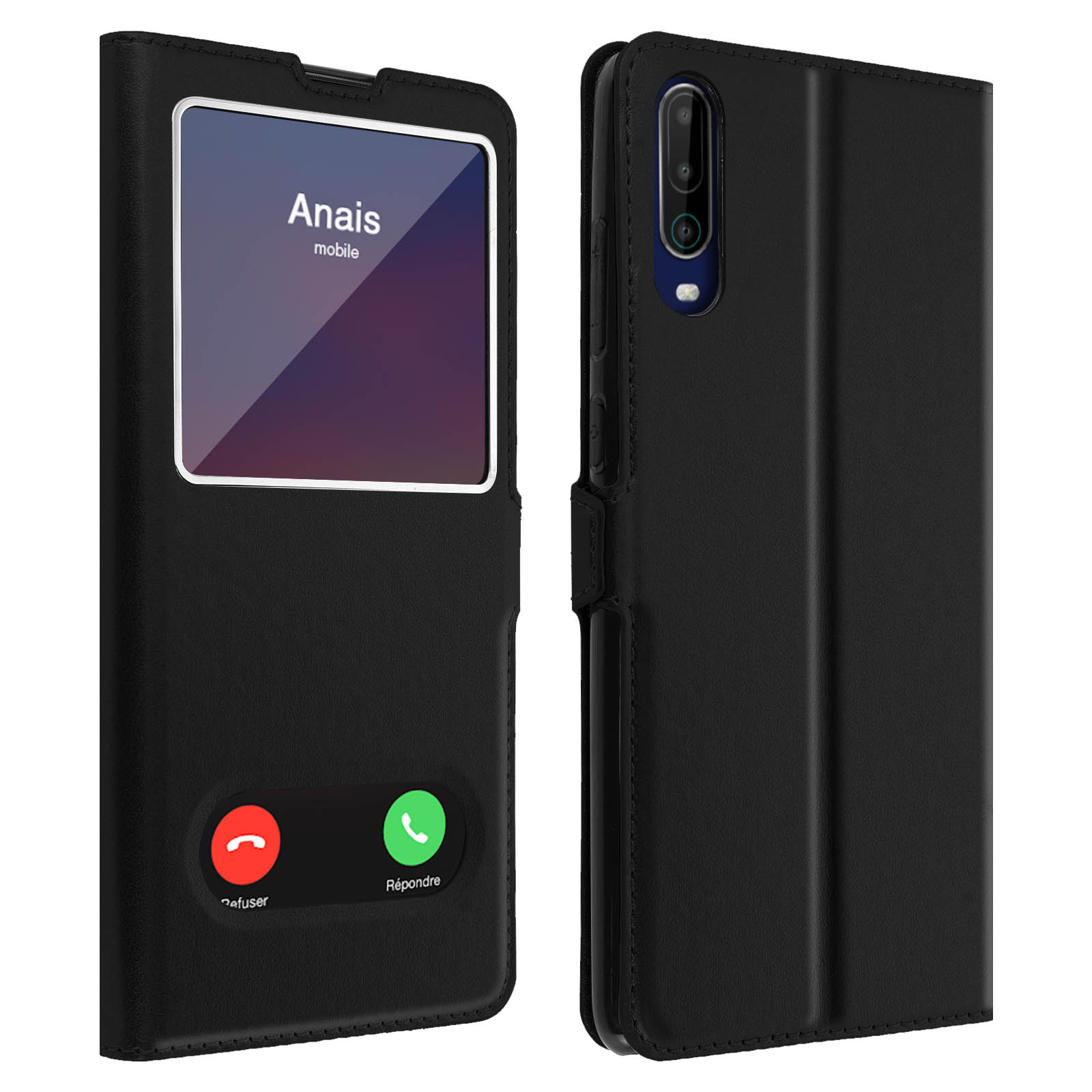 Coque noire avec fenêtre affichant un appel entrant d'Anaïs. Le téléphone a des boutons répondre et refuser.