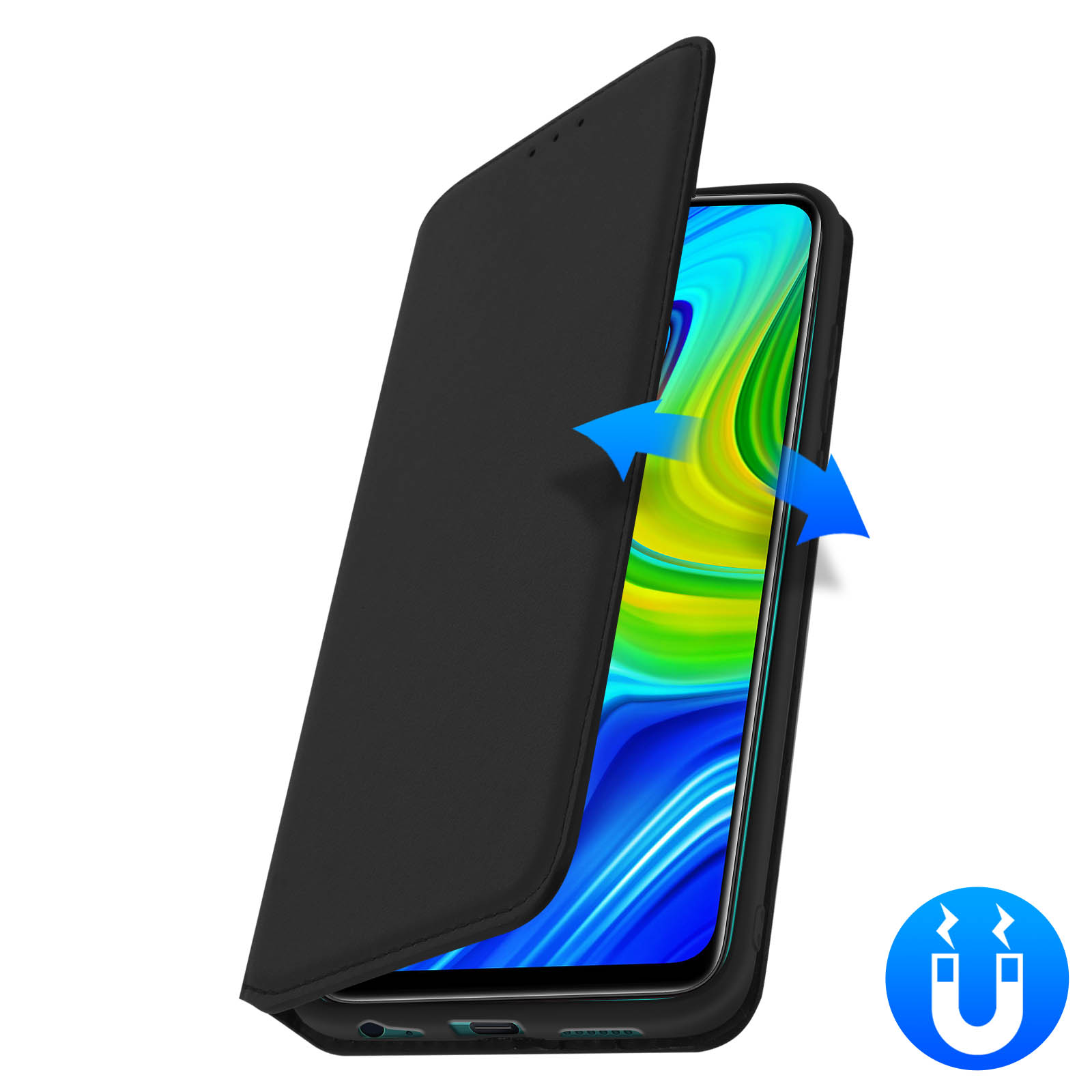 Een telefoonhoesje met een telefoon erin en magnetische pijlen. Het scherm is zichtbaar.