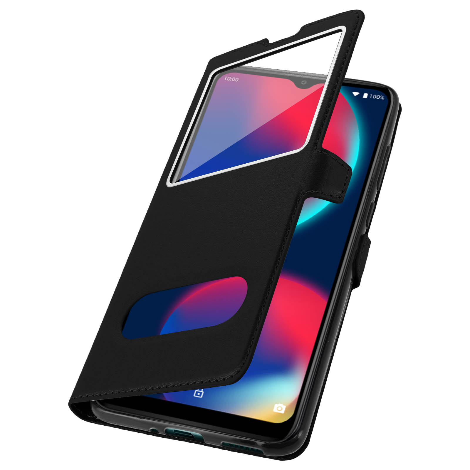 Étui de téléphone noir avec fenêtre transparente. Le téléphone affiche un écran avec horloge et batterie.