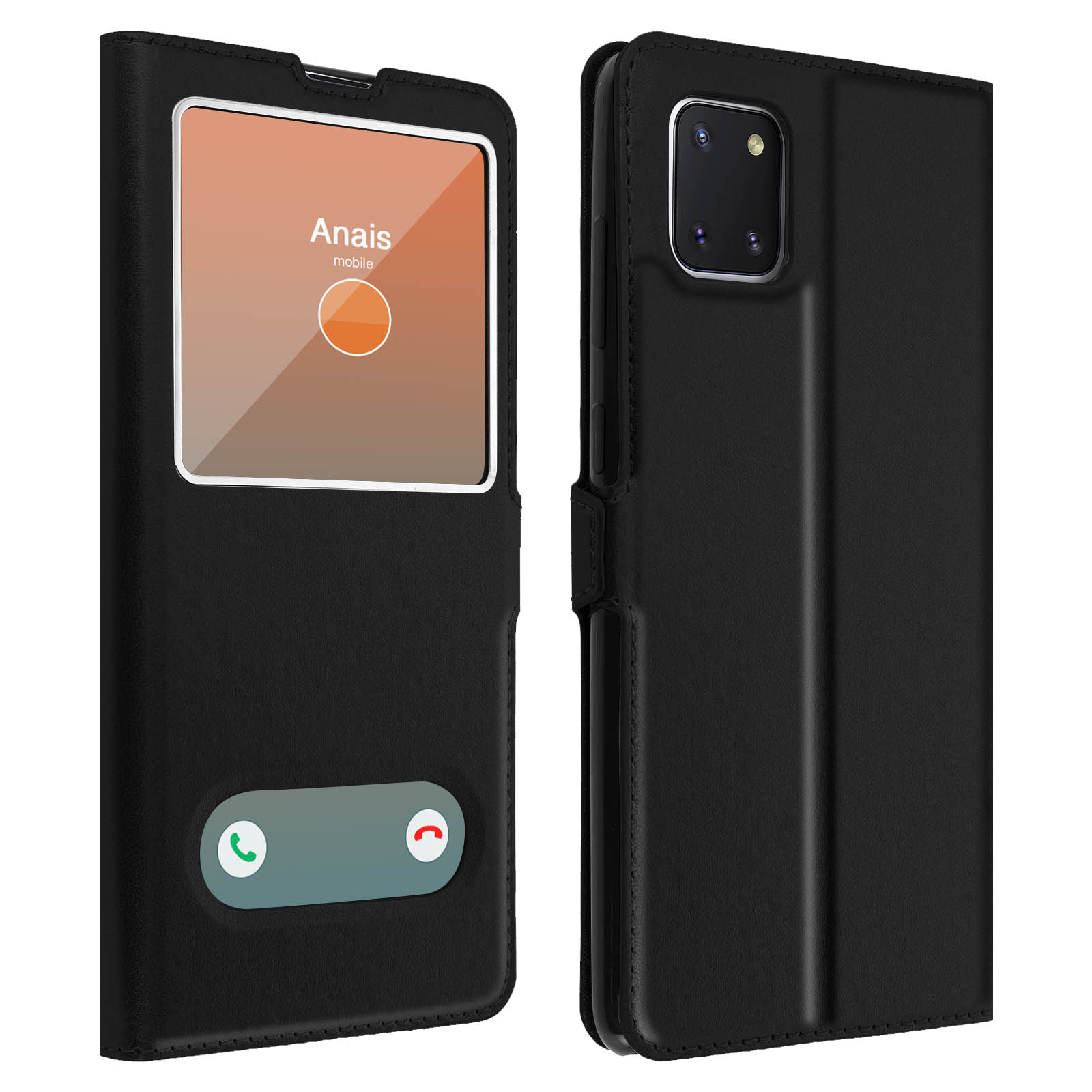 Un étui de téléphone noir avec un écran affichant un appel entrant. Le nom du contact est affiché. L'étui est ouvert.