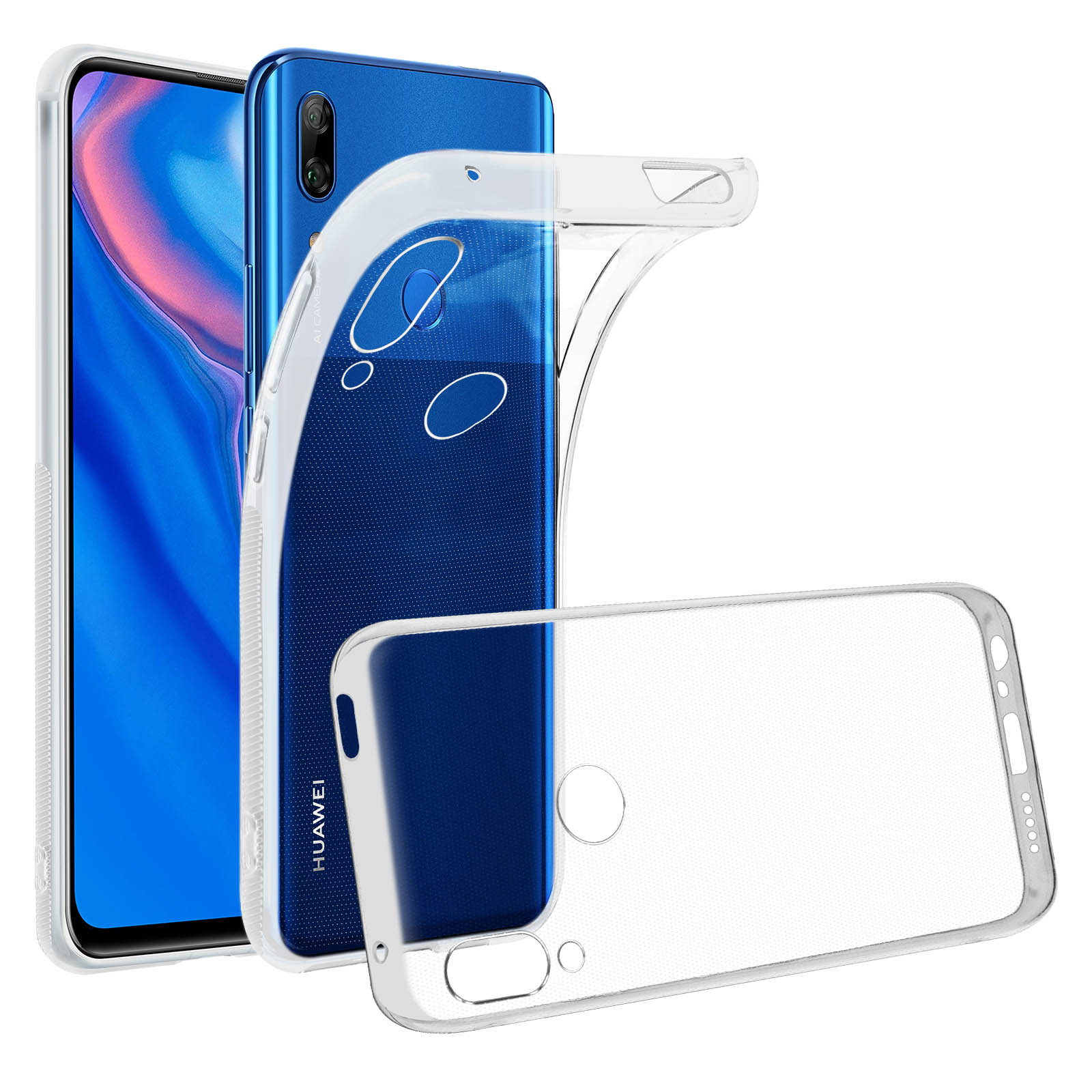 Due telefoni e una custodia trasparente. Un telefono è blu, l'altro è nella custodia.