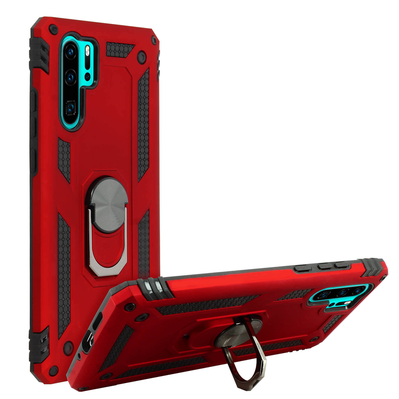 Custodia per telefono rossa con dettagli neri e supporto ad anello. Due custodie, sfondo bianco.