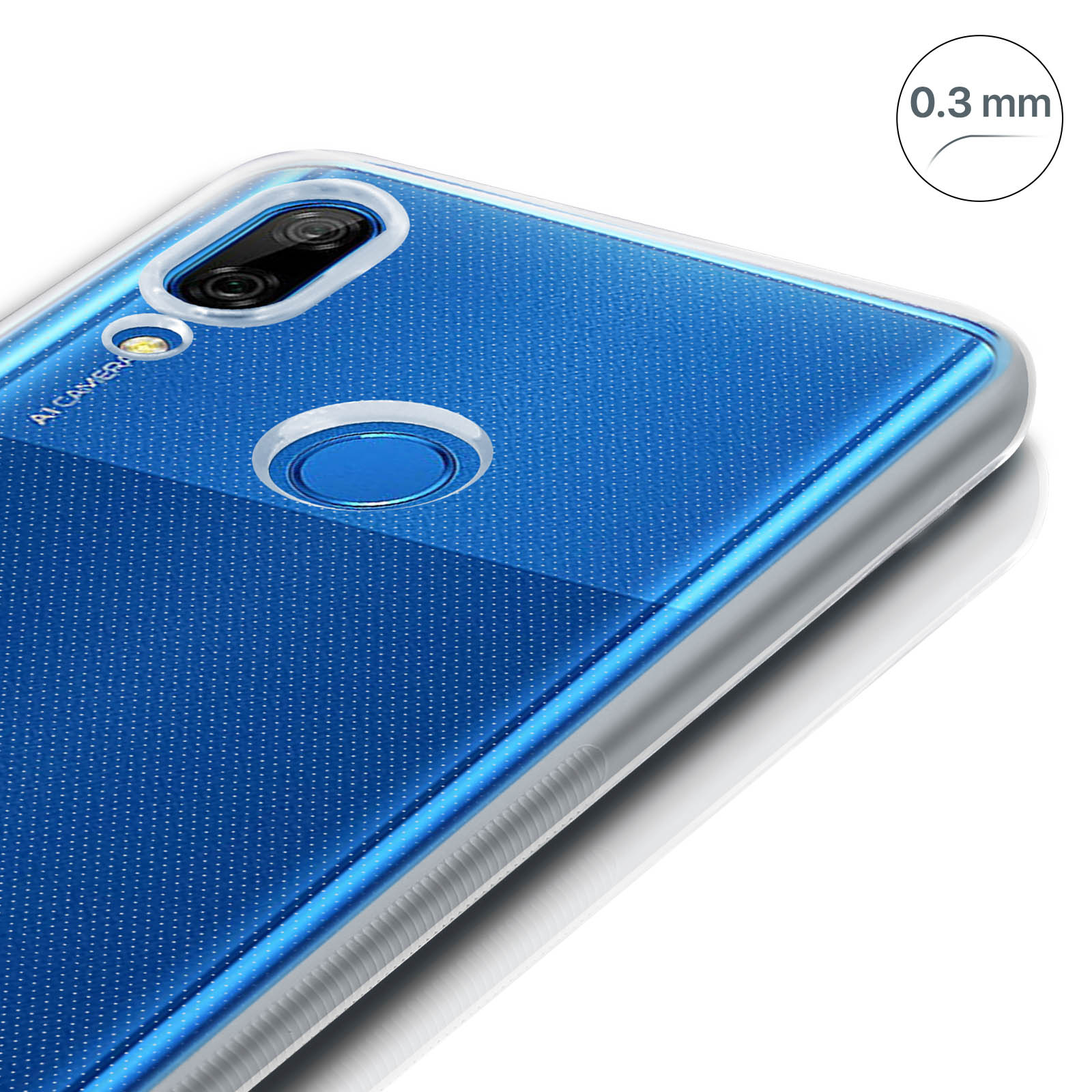 Primo piano della parte posteriore blu di un telefono con lenti della fotocamera e motivo a punti.