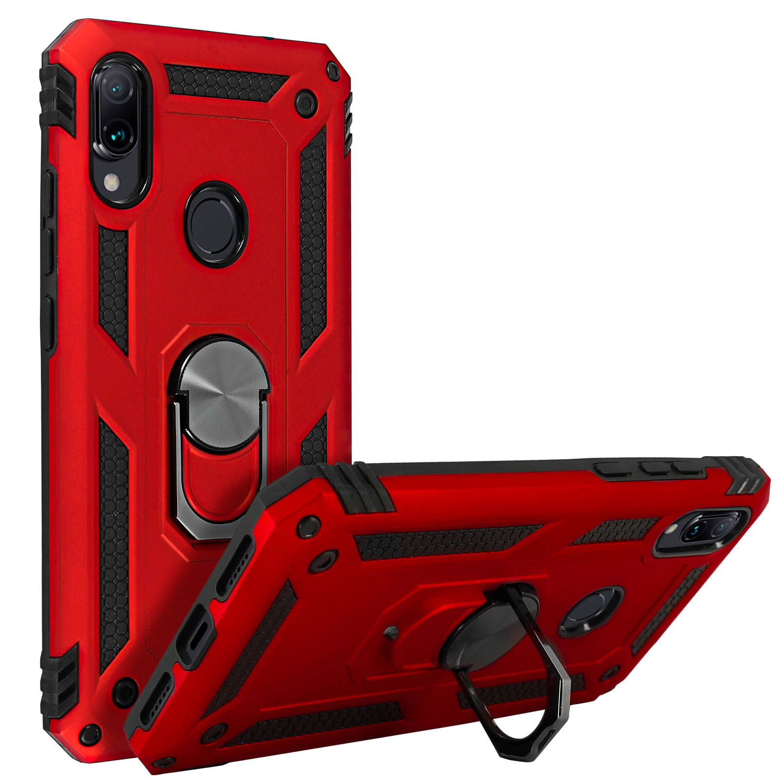 Coque de téléphone rouge avec support d'anneau, deux perspectives. Accents noirs et design robuste.